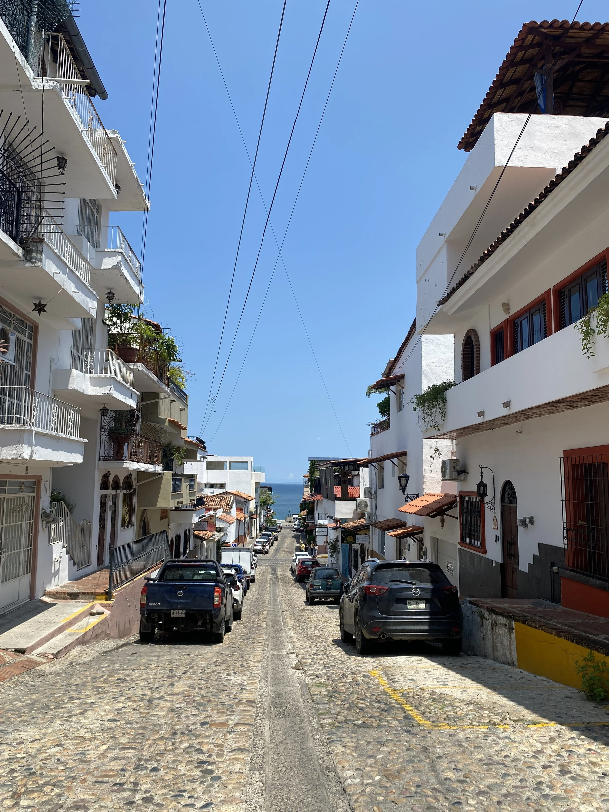 A cobblestone street in the Zona Romántica, Puerto Vallarta, descending toward the bay between white and terracotta buildings