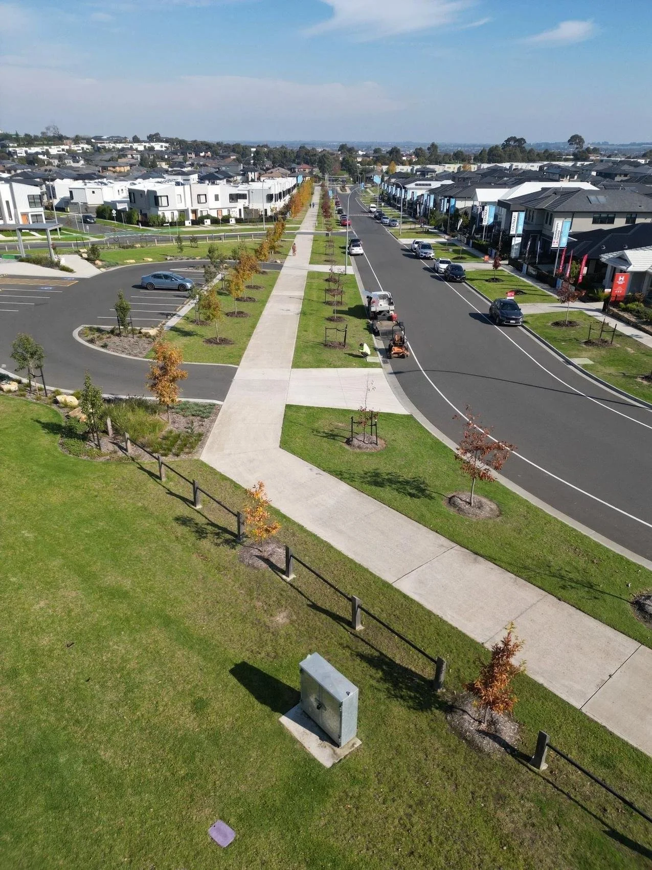 Drone view of an estate path and nature strips