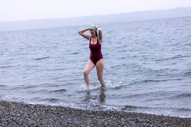 The quiet after — shore moment post cold plunge, Puget Sound, Vashon Island