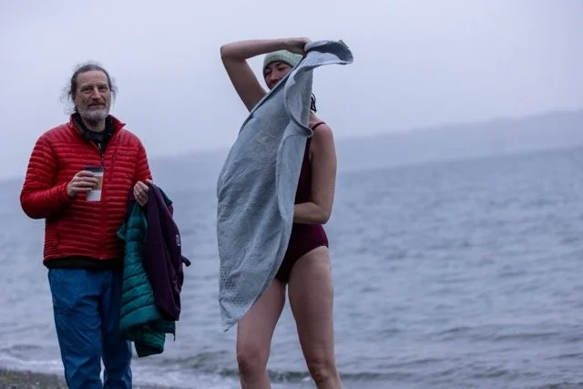 Toweling off after cold plunge — the aftermath ritual, Vashon Island