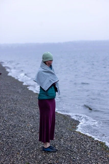 Standing at the water's edge before cold plunge — Rebecca Beltran, Puget Sound