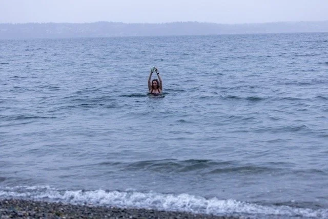 Arms raised in triumph deep in Puget Sound — Rebecca Beltran, Vashon Island
