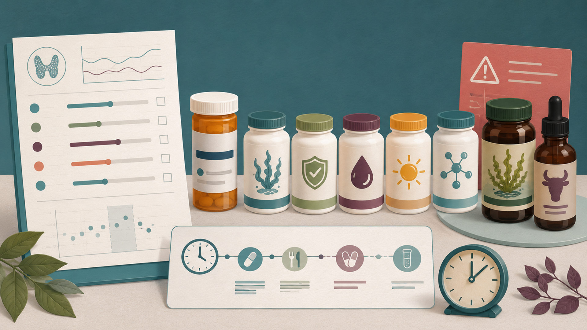 Evidence review of supplements studied for hypothyroidism and Hashimoto’s, with a thyroid test report, levothyroxine bottle, neutral supplement containers, and clinician notes on a desk.