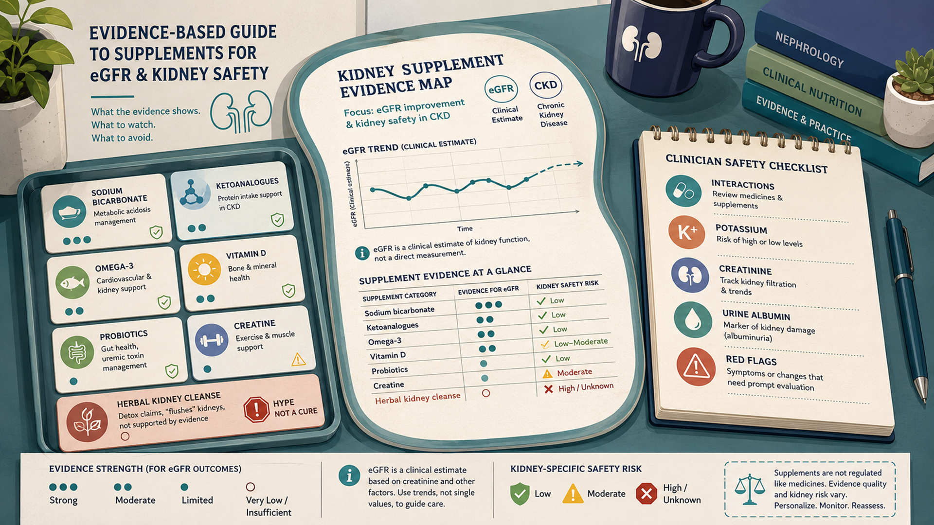 Editorial illustration of supplements studied for eGFR with a kidney lab report, evidence map, and safety checklist
