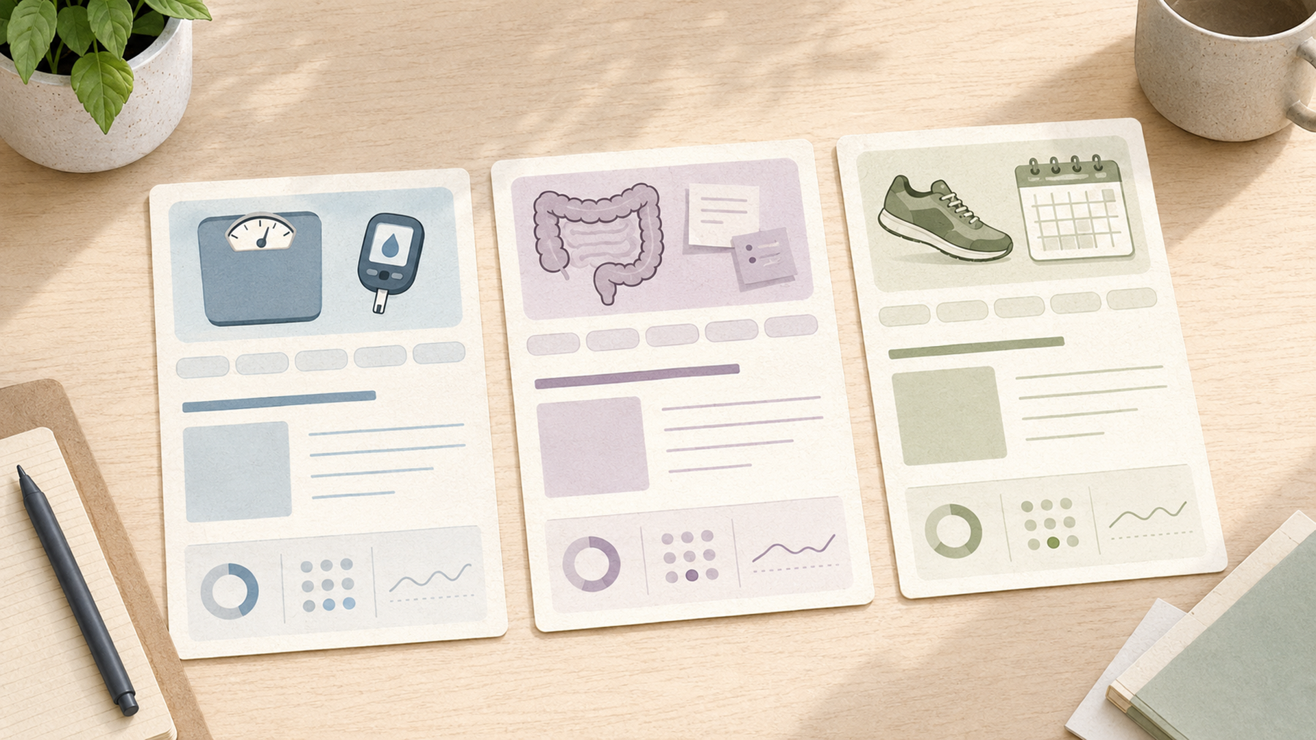 Three neutral clinical trial search workflow cards for GLP-1 metabolic outcomes, IBS symptom outcomes, and aging or frailty studies.