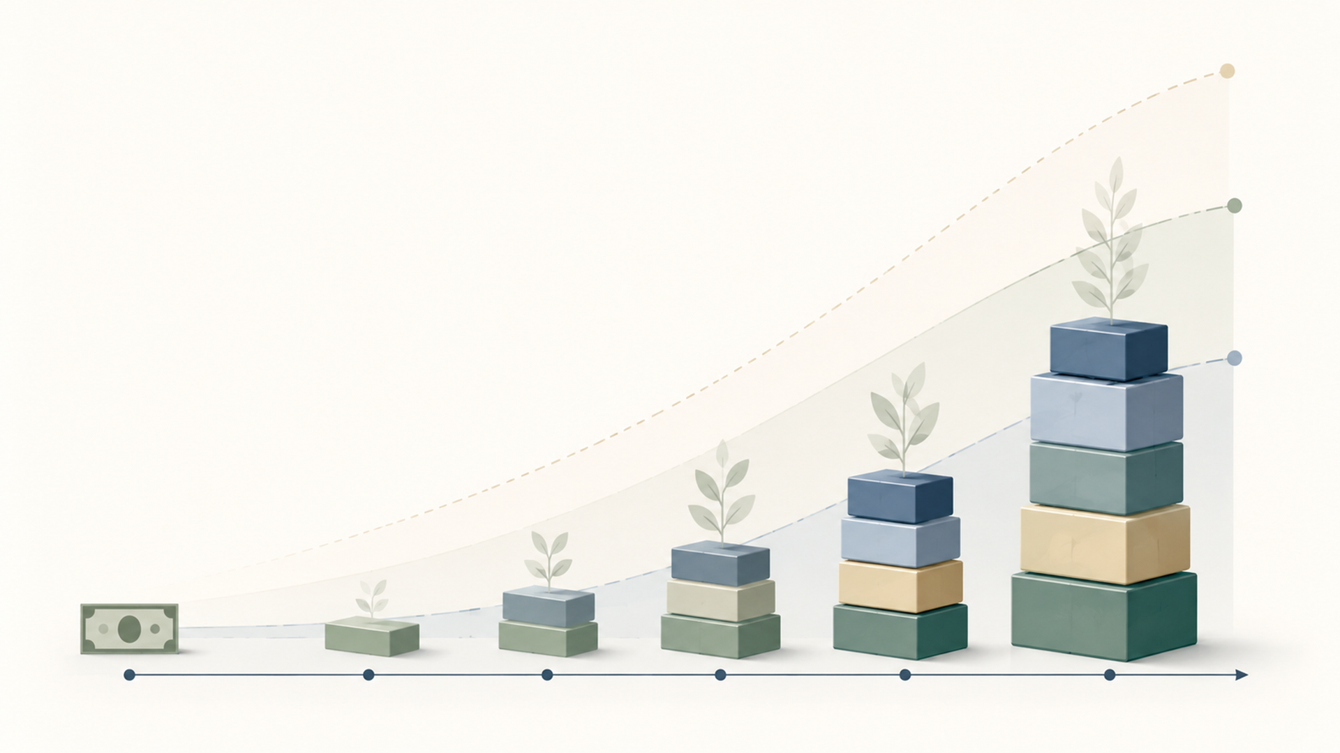 Minimalist illustration of a one hundred dollar investment growing over twenty years