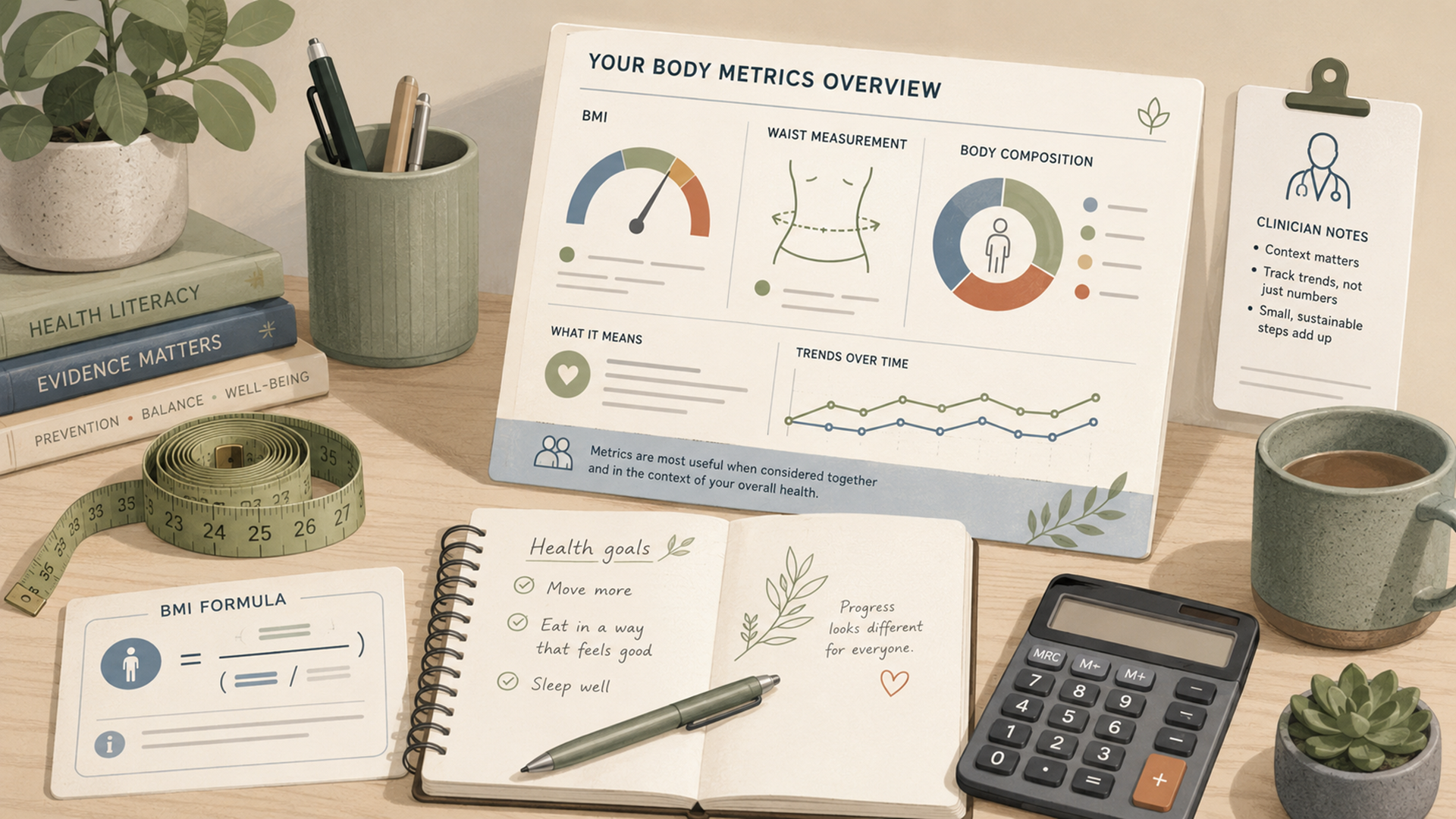 BMI calculator and LeanCraft body-metrics dashboard concept with a measuring tape, notebook, scale icon, and formula card on a calm desk.