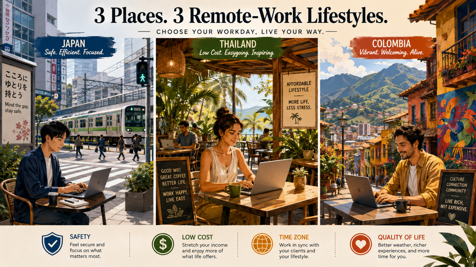 Illustration comparing cost and lifestyle for remote workers in Japan, Thailand, and Colombia.