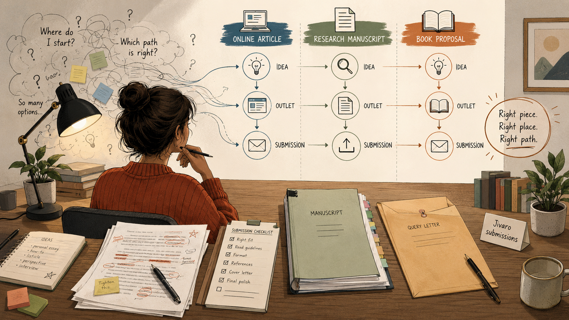 Editorial illustration of a beginner writer organizing article, research, and book publishing paths into a clear submission workflow