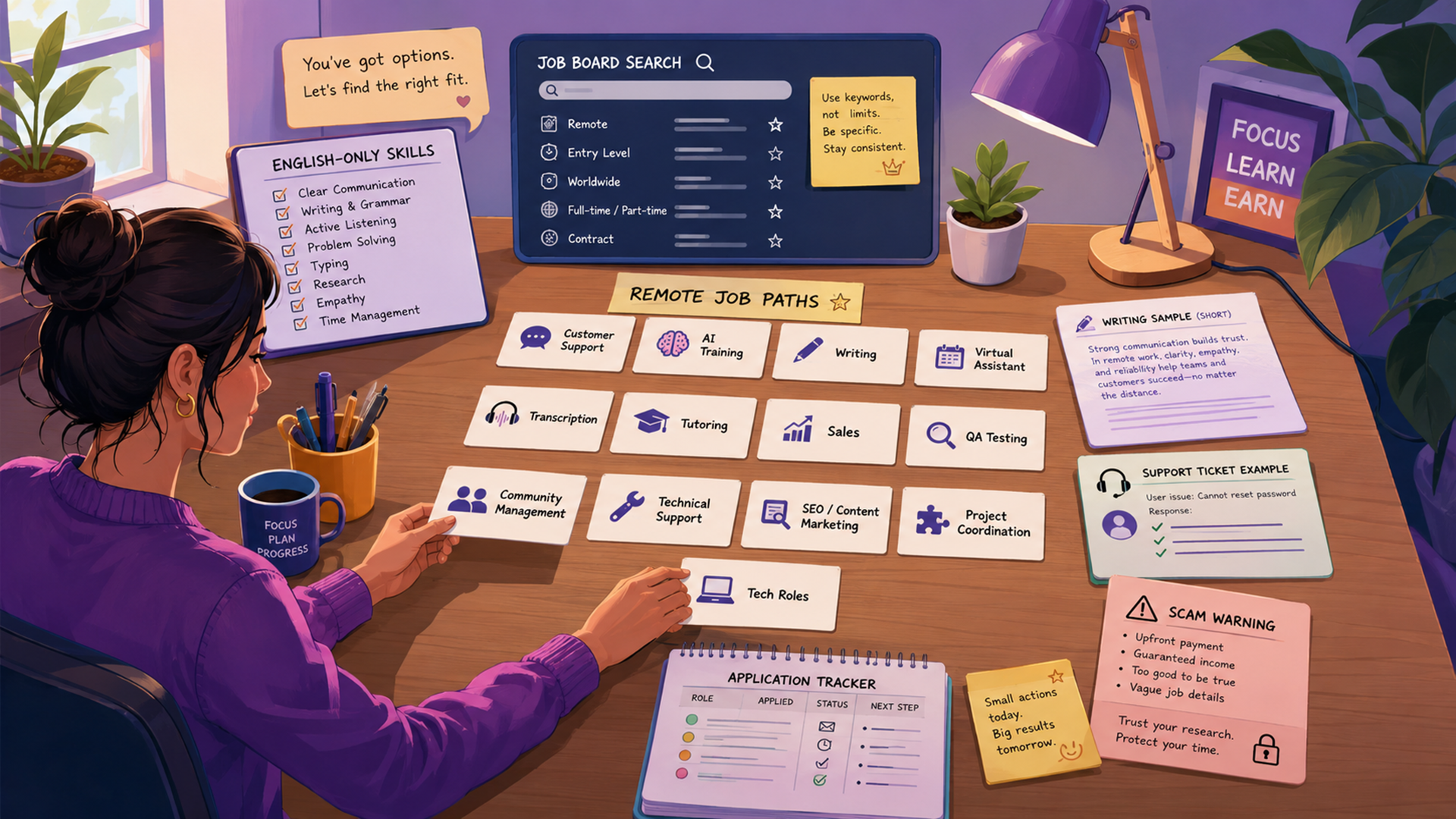 Illustration of an English-speaking remote job seeker comparing English-only work-from-home roles like support, AI training, writing, tutoring, VA work, sales, QA, and tech support