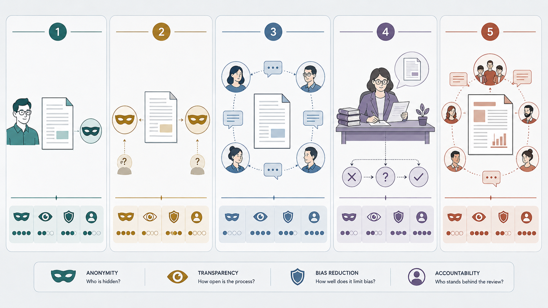 Editorial comparison illustration showing single anonymous, double anonymous, open, and editorial review models