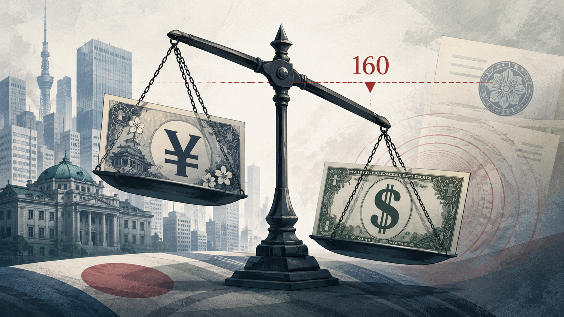 Editorial illustration of the Japanese yen under pressure near the 160 per dollar level after Japan currency intervention