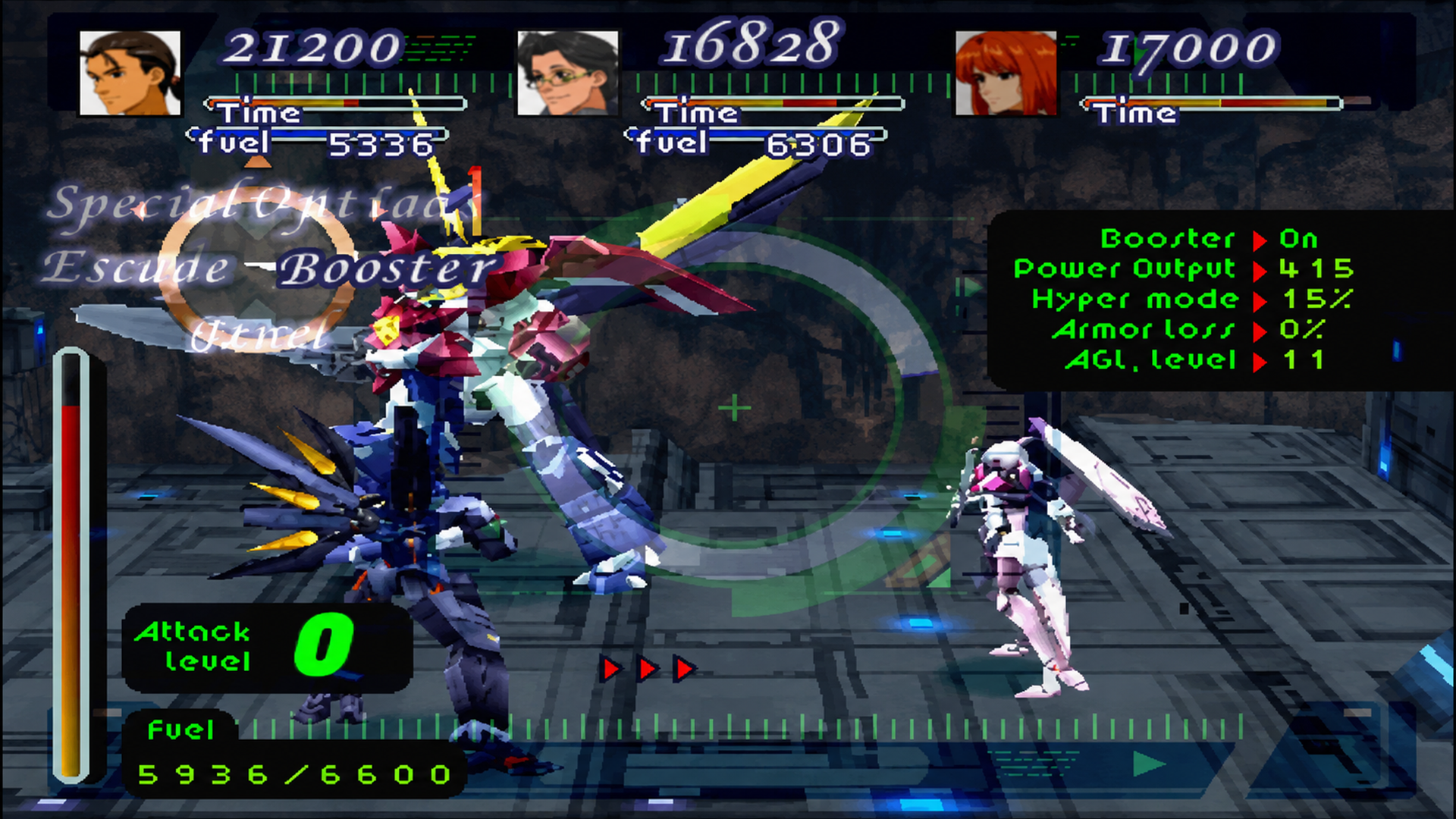 In-game Xenogears screenshot suggestion showing Gear battle combat with fuel and attack interface