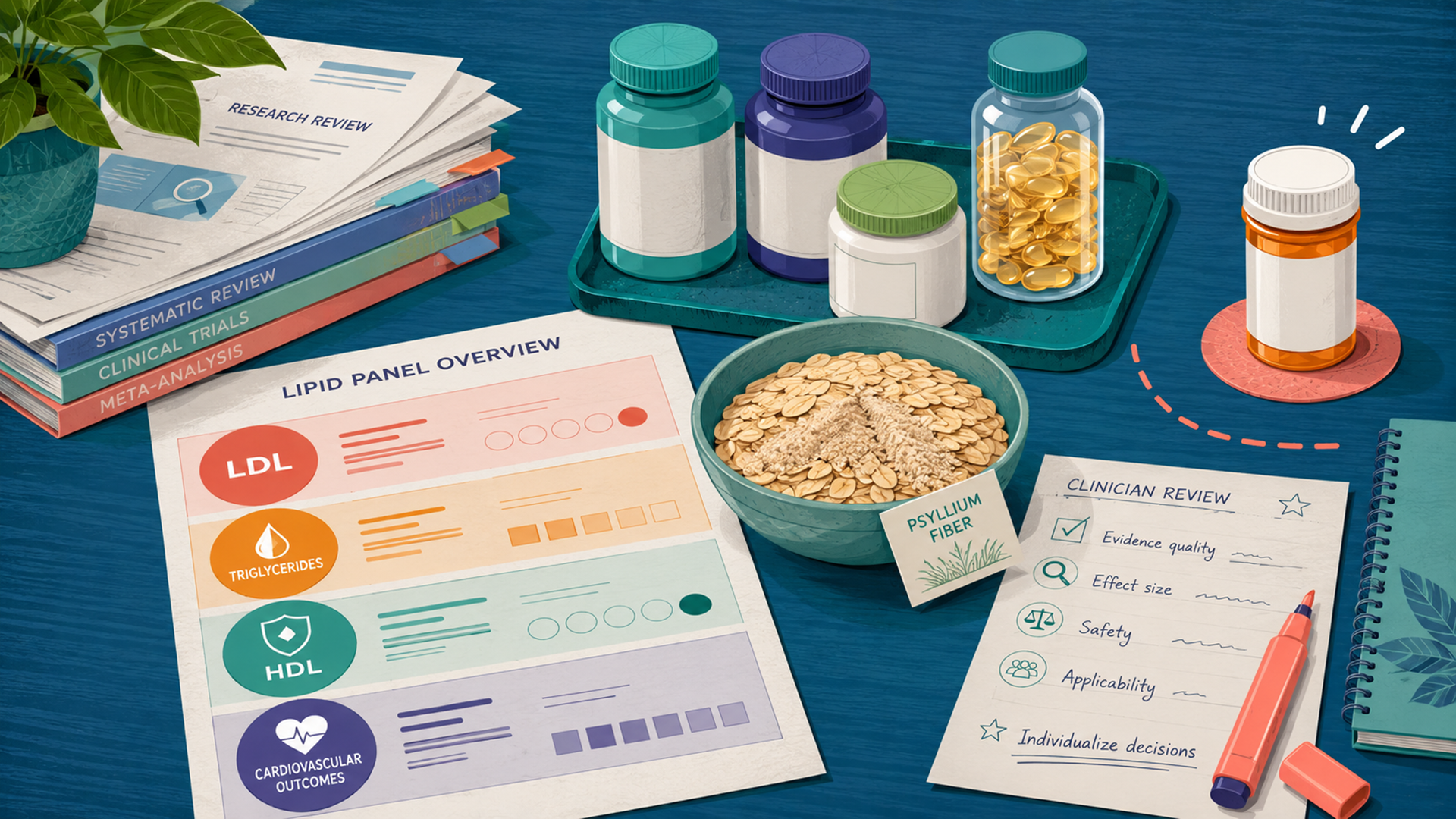 Evidence review of supplements studied for LDL cholesterol and triglycerides, with a lipid panel, supplement containers, prescription medicine, and clinician notes arranged on a desk.
