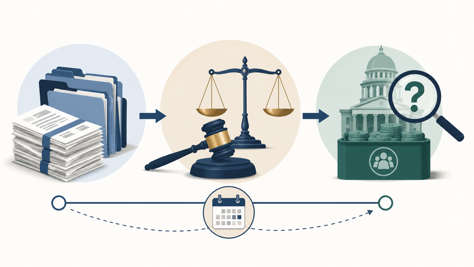 Editorial illustration showing a timeline from tax-return documents to a legal settlement and a disputed federal compensation fund