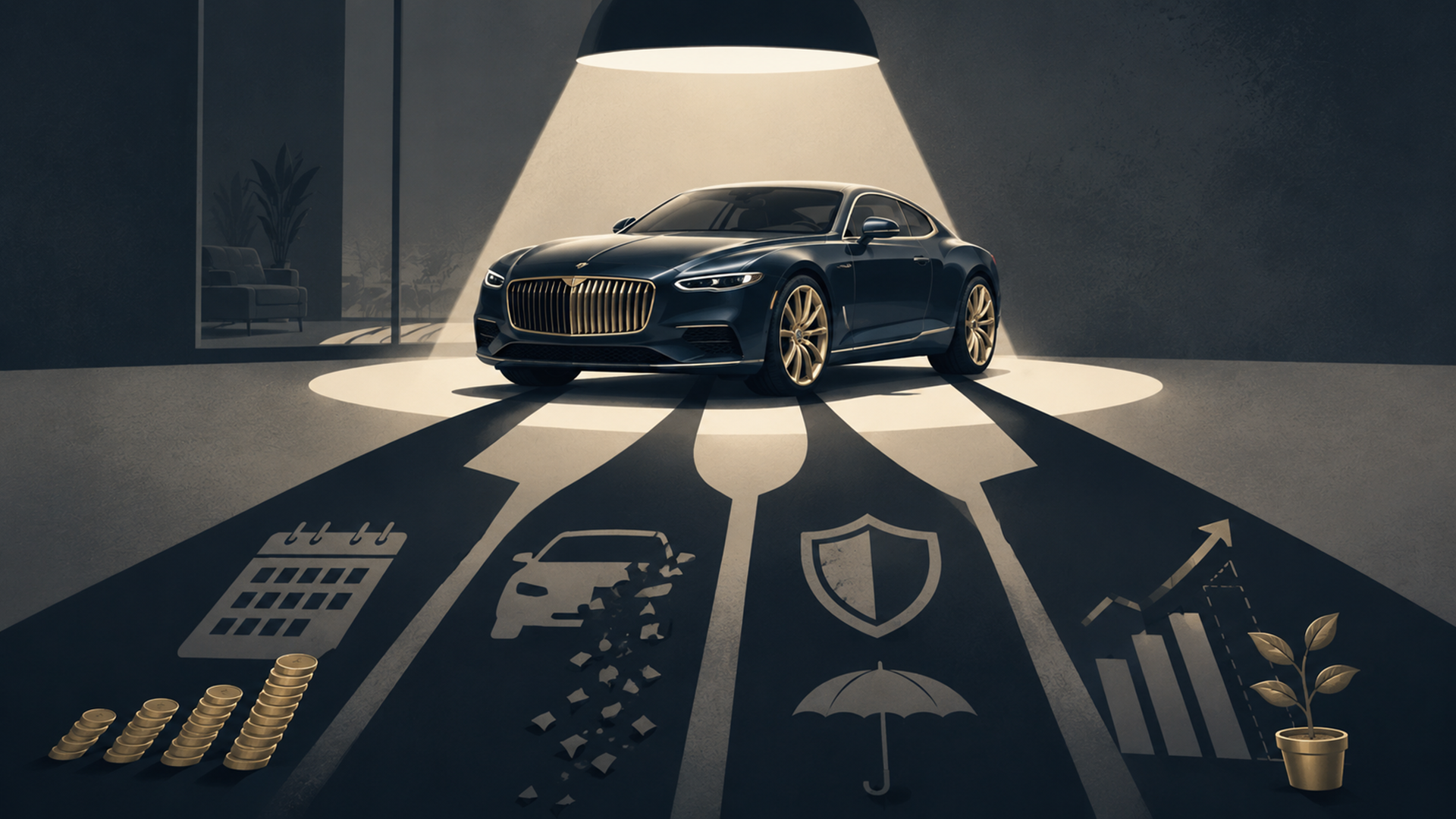 Minimalist illustration of a shiny new car casting a long financial shadow over a budget