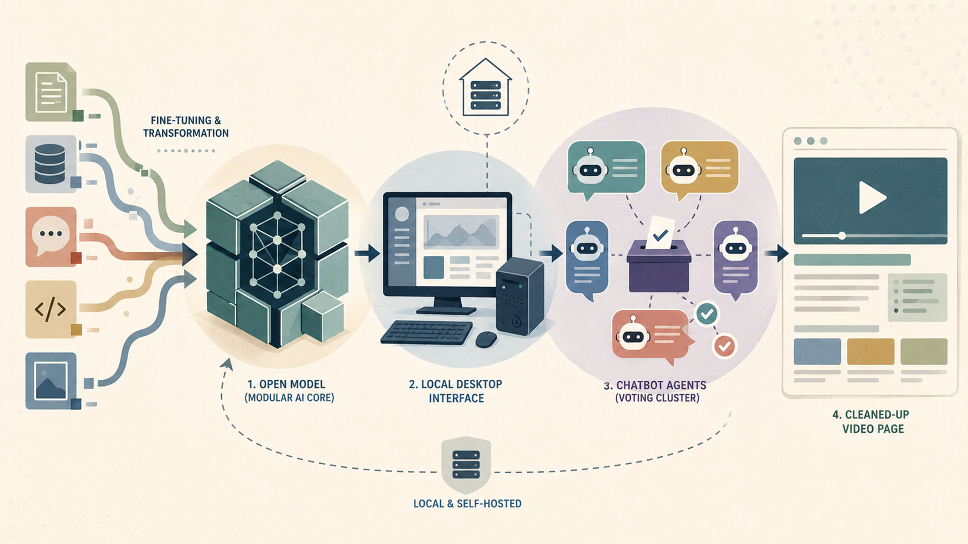 Explanatory illustration showing open model blocks, fine-tuning arrows, a local desktop interface, voting chatbot agents and an abstract cleaned-up video page