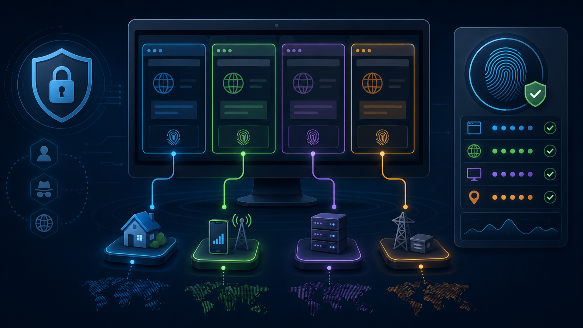 Illustration of a proxy browser workflow with isolated sessions residential proxies and fingerprint checks