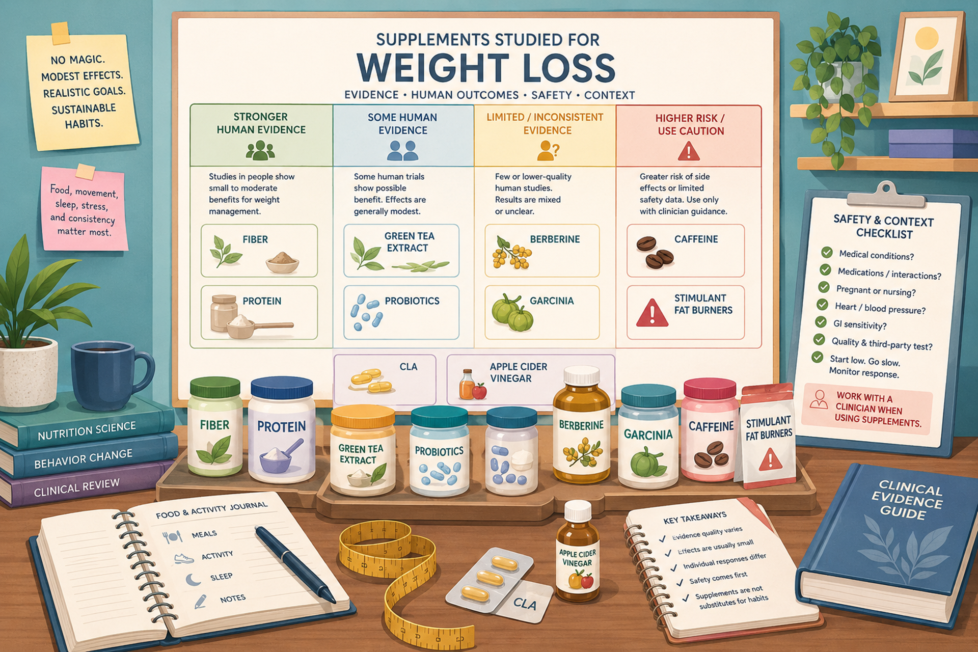 Editorial illustration of weight-loss supplements arranged by evidence level, safety concerns, and clinical context
