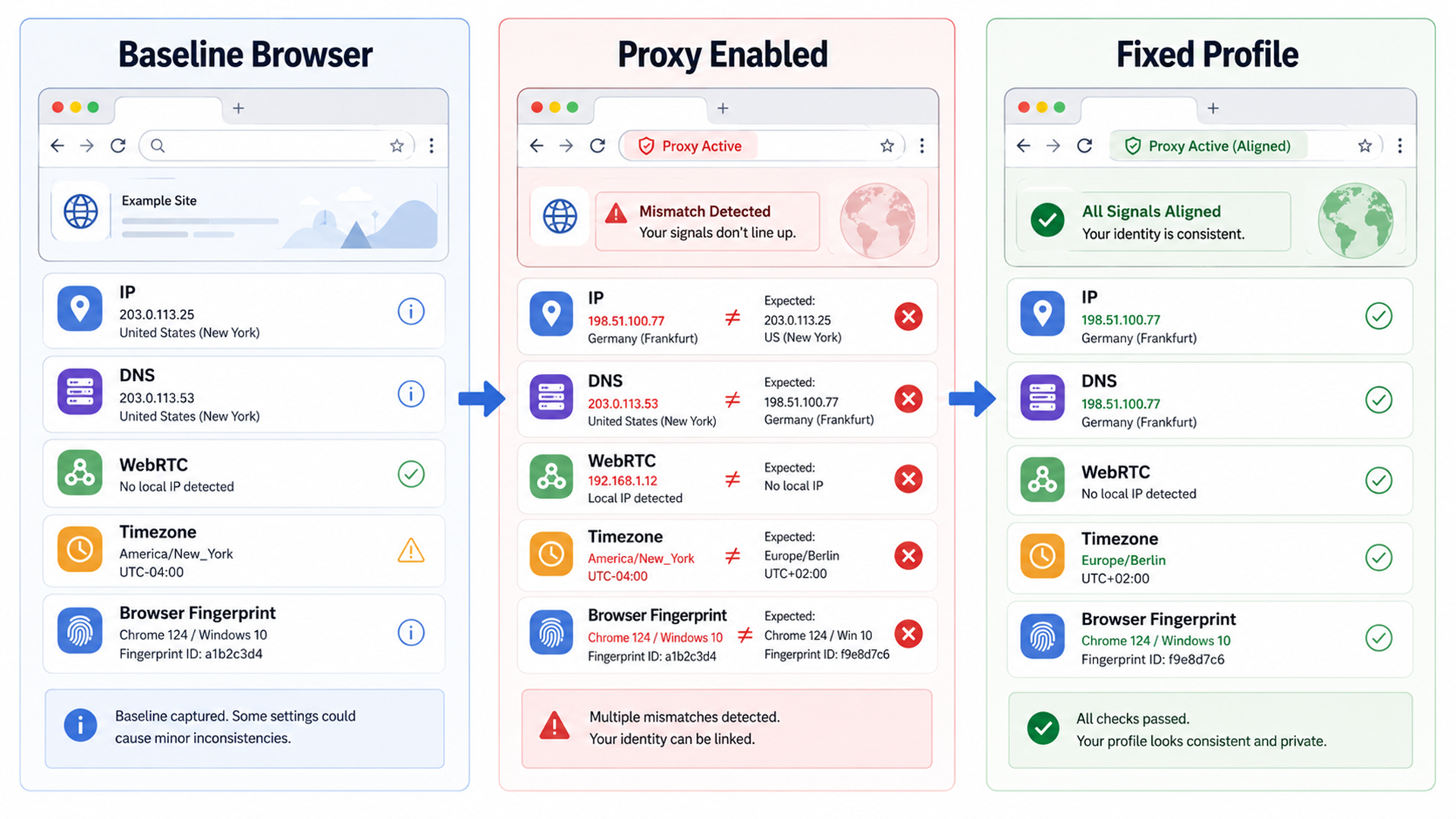 Illustration of a privacy testing workflow comparing IP, DNS, WebRTC, timezone, language, and browser profile results before and after proxy use.