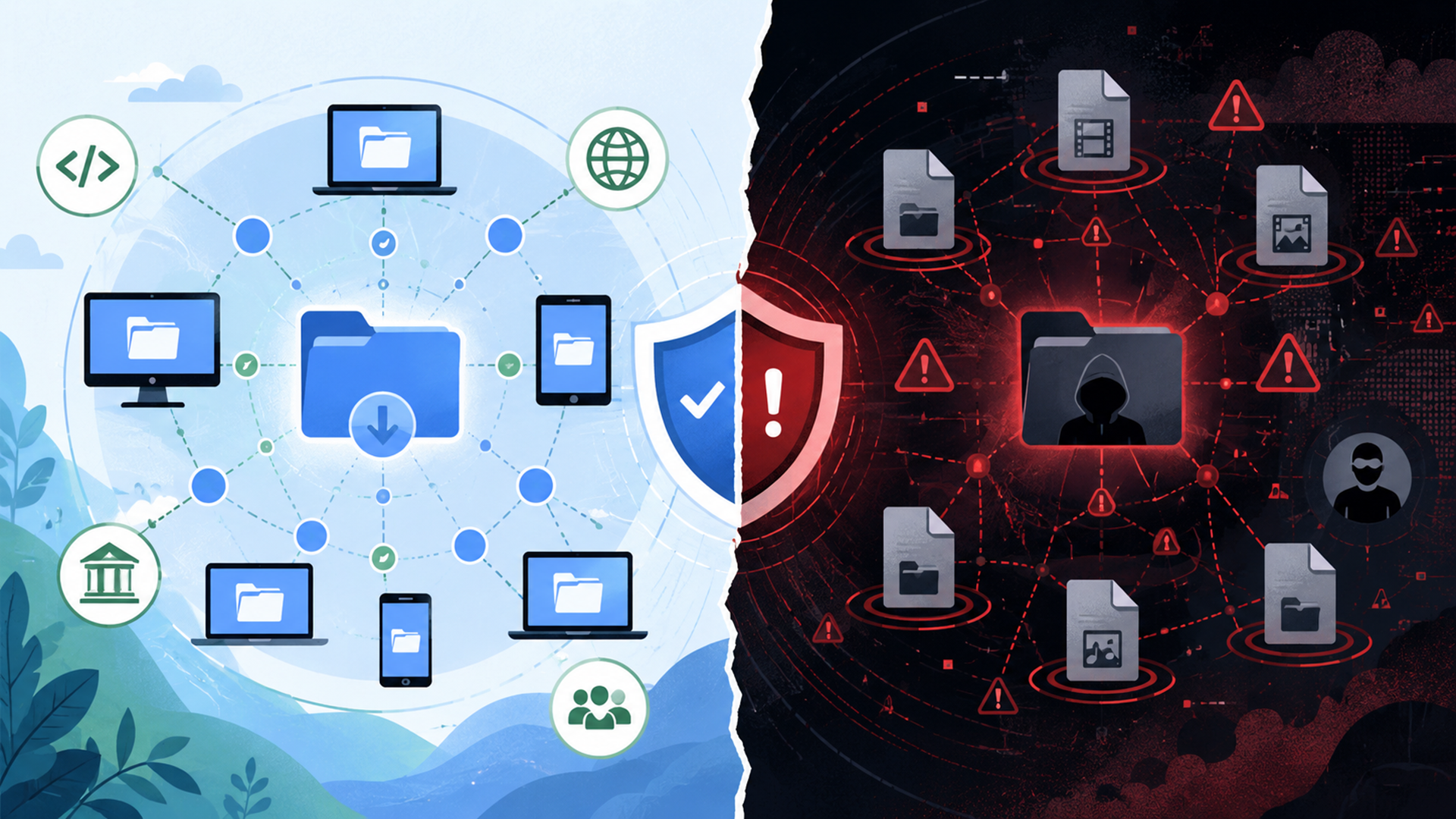 Illustration of torrenting legality showing lawful file sharing and copyright risk