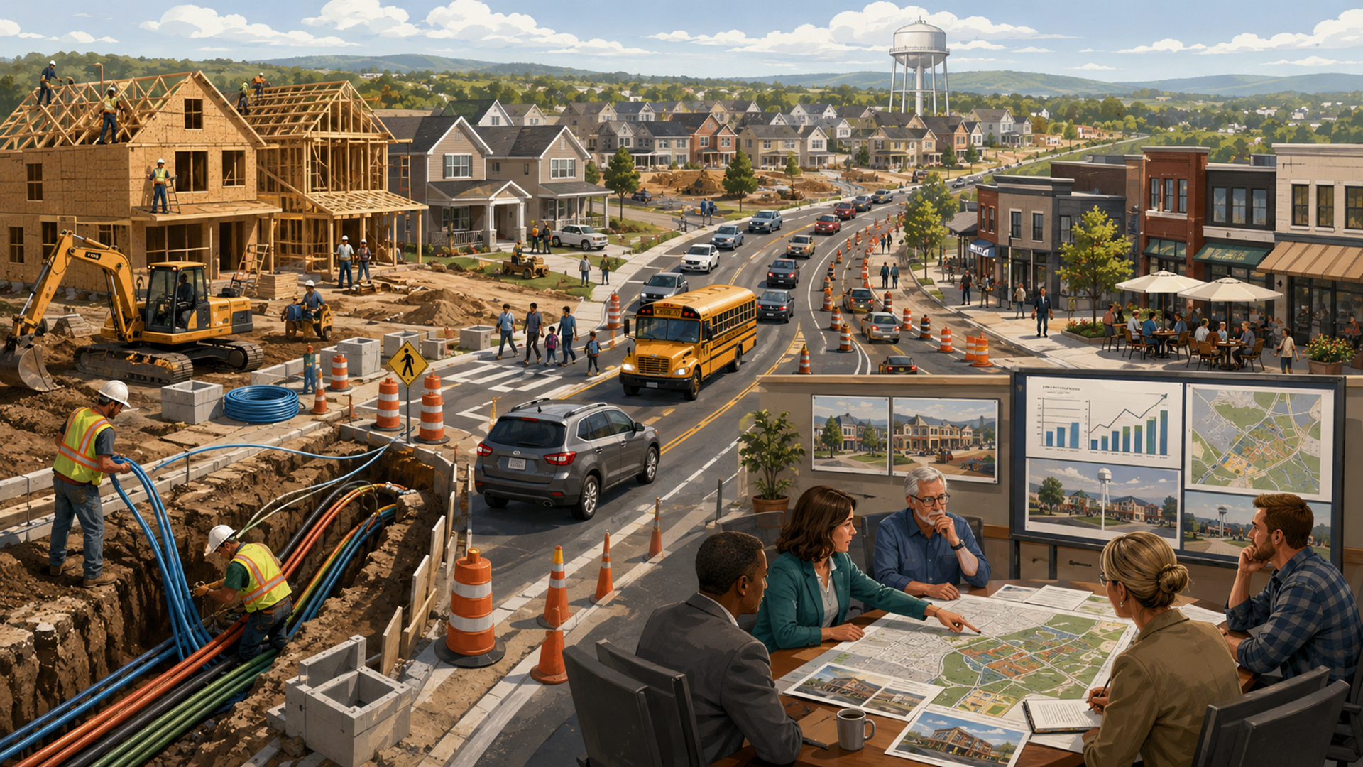 Illustration of new suburban housing construction with home offices, broadband lines, roads, schools, and infrastructure pressure.