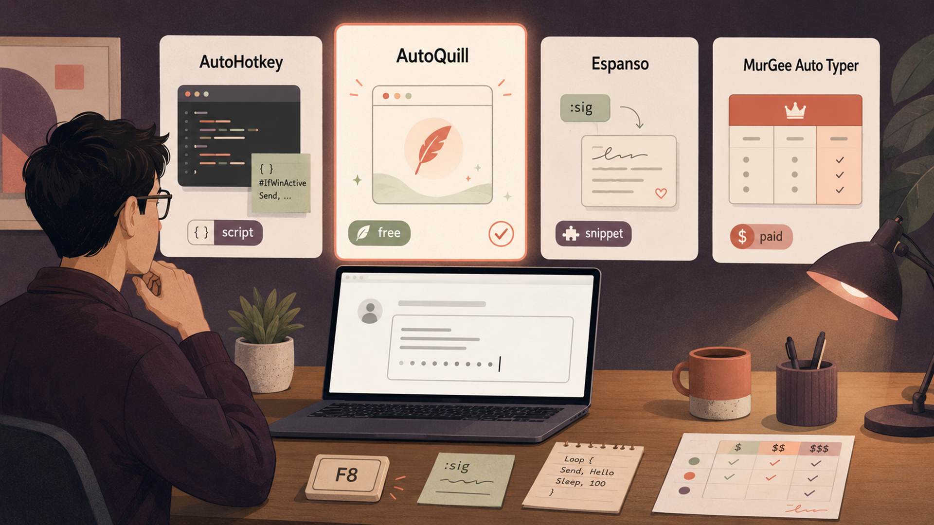 Editorial illustration comparing AutoQuill, AutoHotkey, Espanso, and MurGee Auto Typer as typing automation tools
