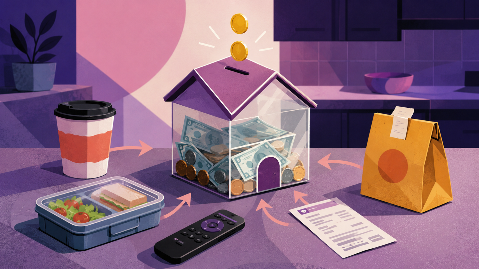 Minimalist illustration of everyday spending habits being redirected into a house down payment fund