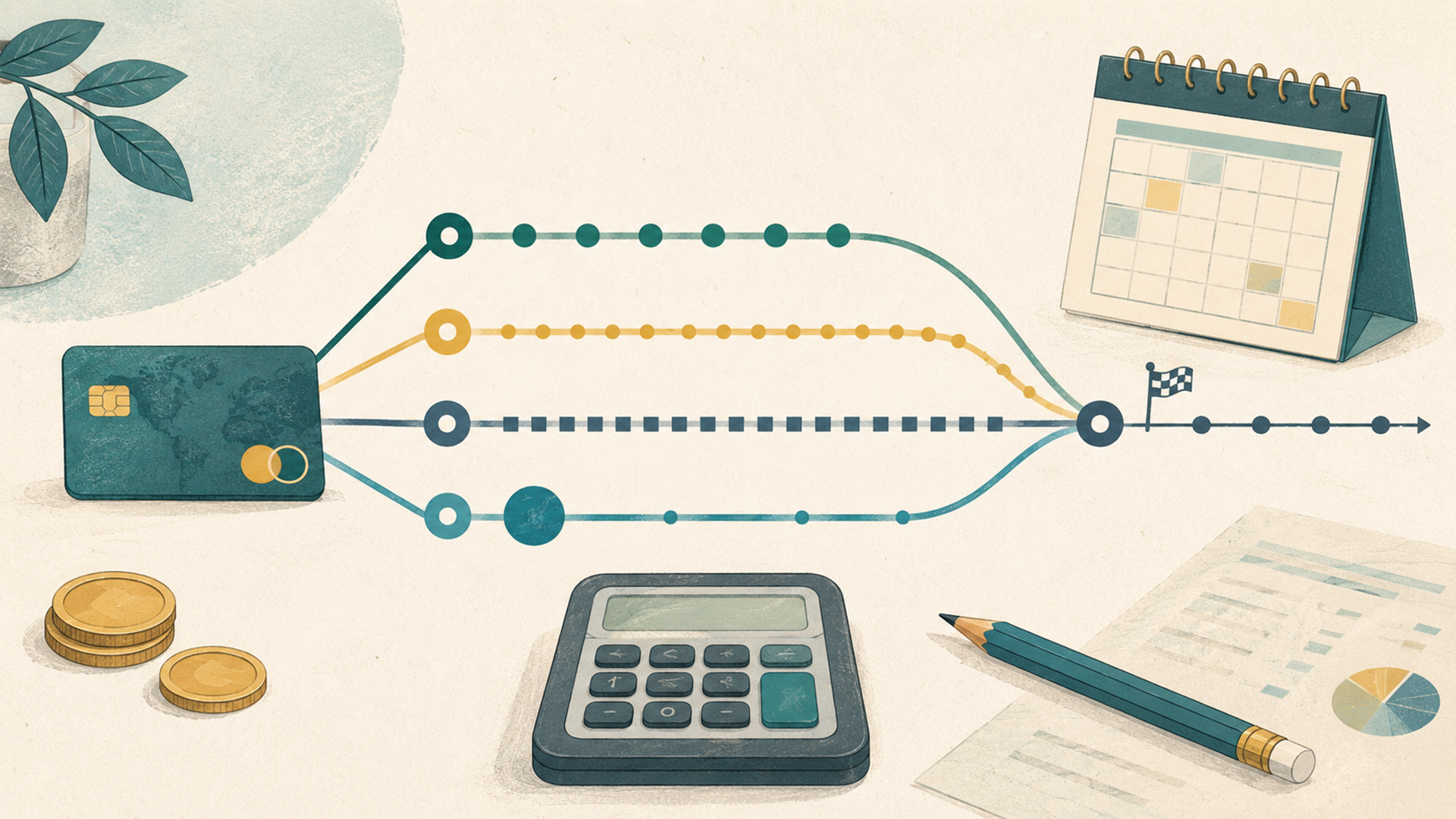 Illustration of a credit card payoff calculator comparing fixed payments, minimum payments, extra payments, and a lump-sum payment