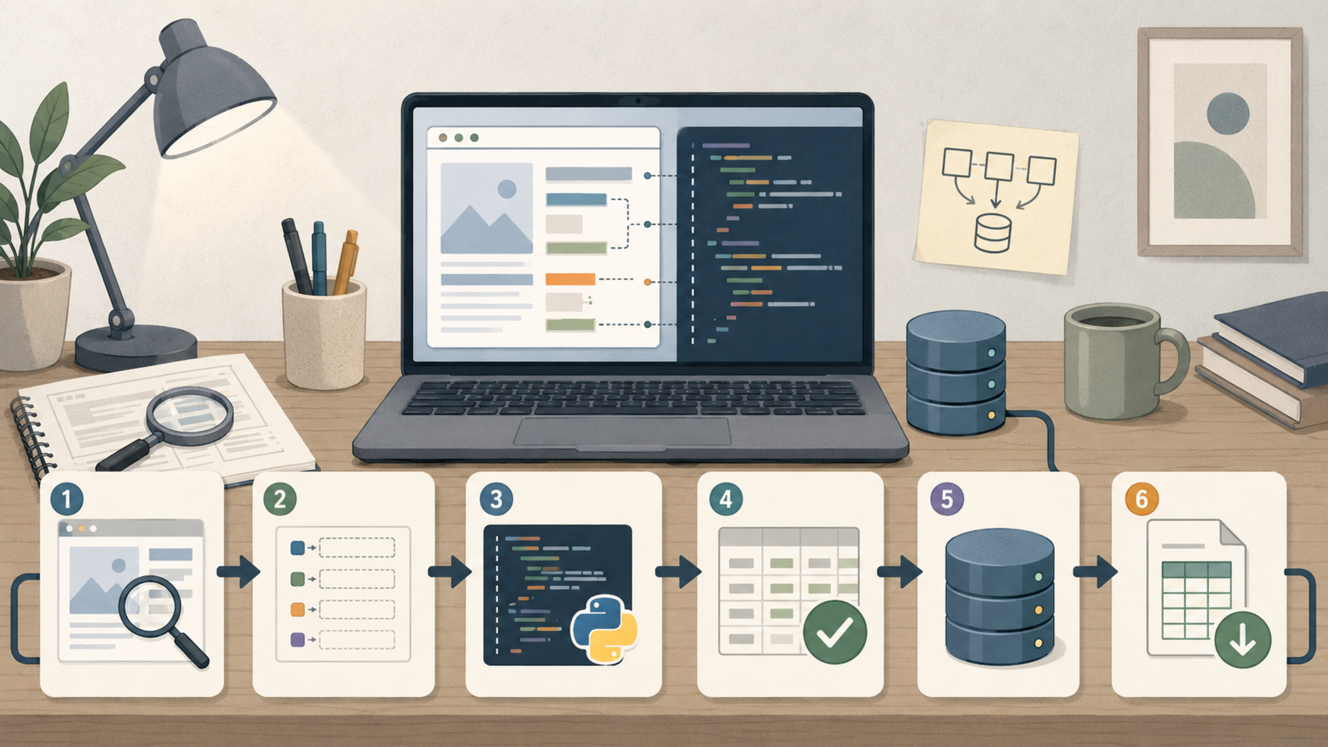 Illustration of a non-coder using an LLM to plan and build a Python web scraping script in small tested steps