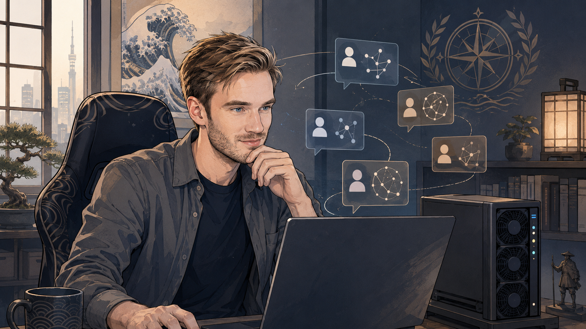 Editorial illustration of PewDiePie at a home AI workstation with abstract chatbot panels and an Odysseus-inspired journey motif