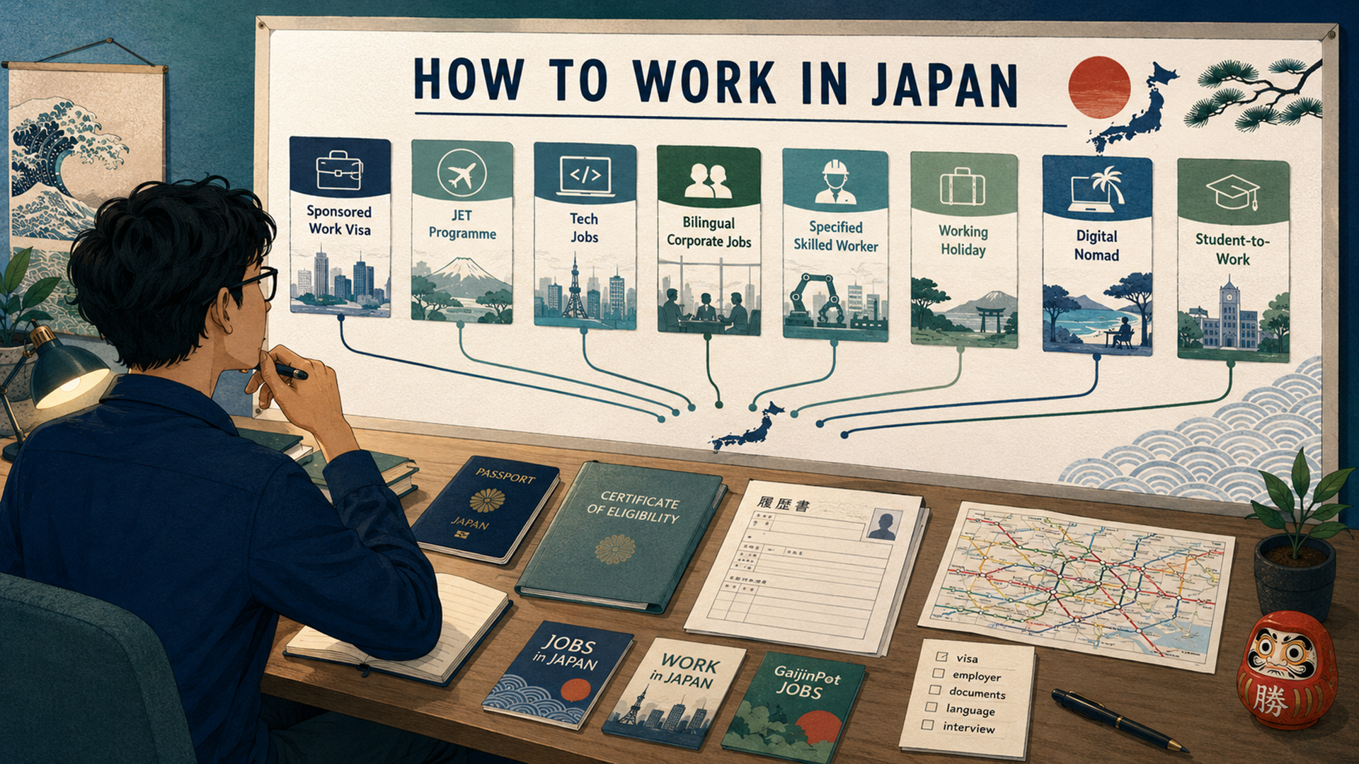 Illustration of a foreign job seeker mapping routes to work in Japan through visas, JET Programme, tech jobs, job boards, and immigration steps