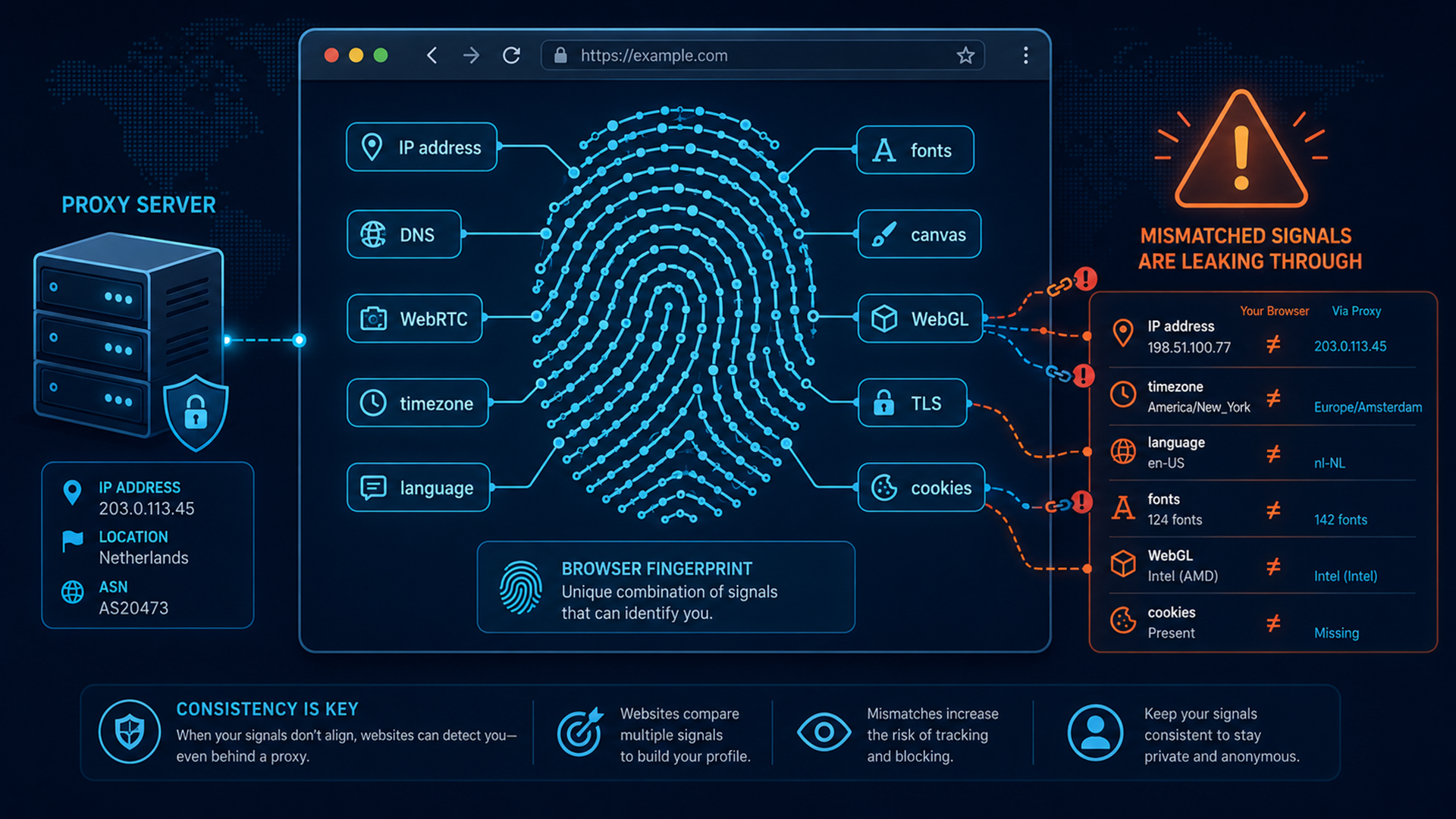 Illustration of a browser fingerprinting test showing IP, DNS, WebRTC, timezone, fonts, and canvas signals connected to one browser profile.