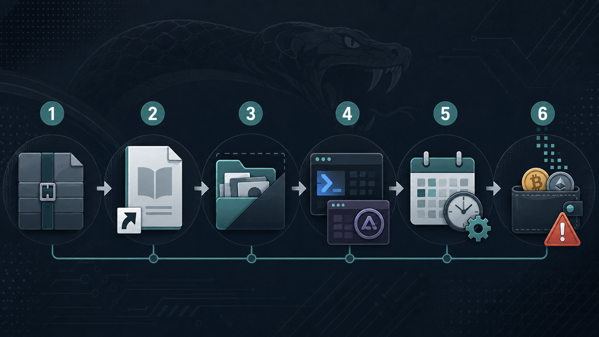 Explanatory illustration of a ViperSoftX infection chain from torrent archive to hidden shortcut, PowerShell, persistence and wallet theft