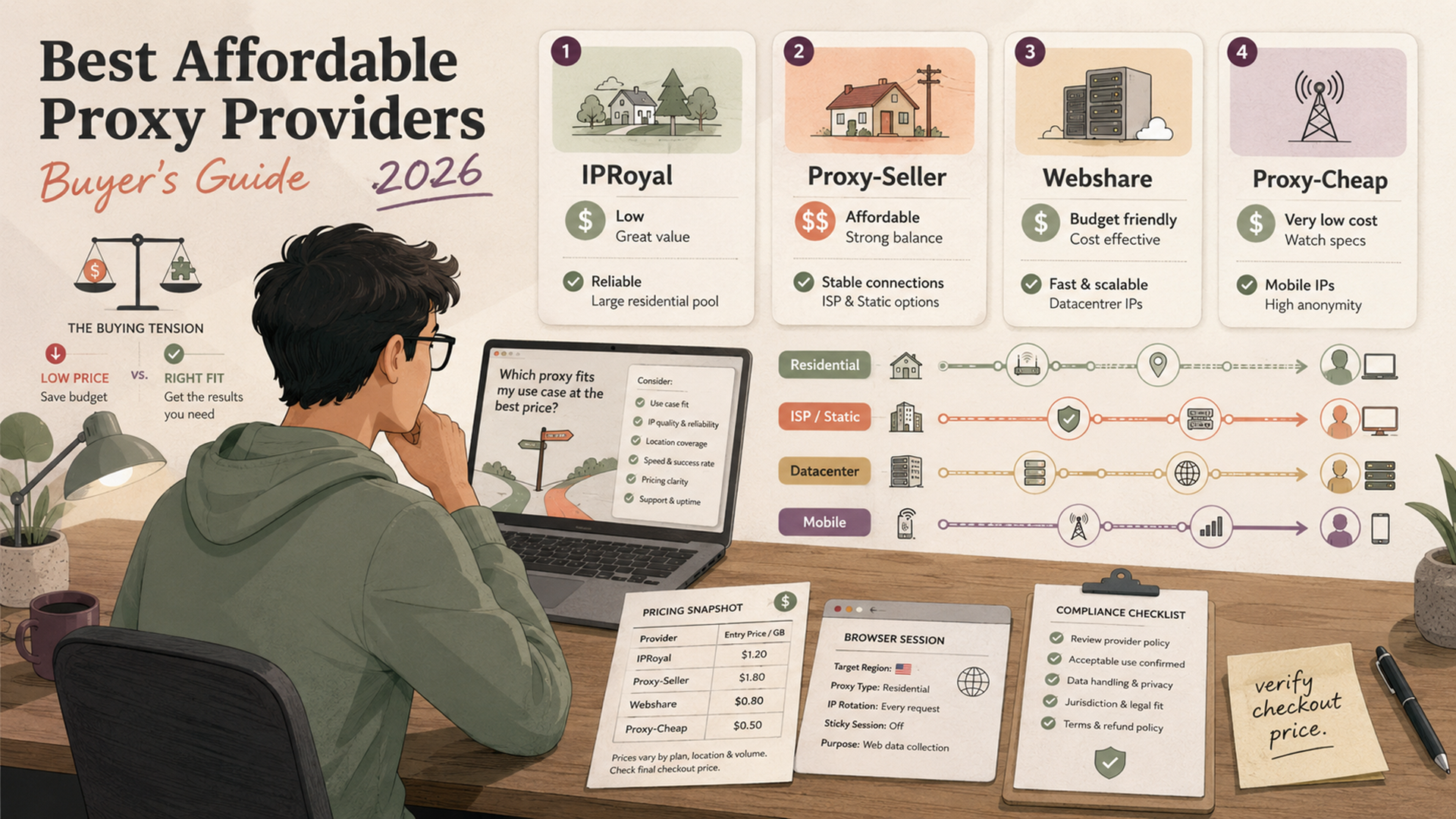 Illustration comparing affordable proxy providers by residential ISP datacenter and mobile proxy type, pricing model, and use case fit