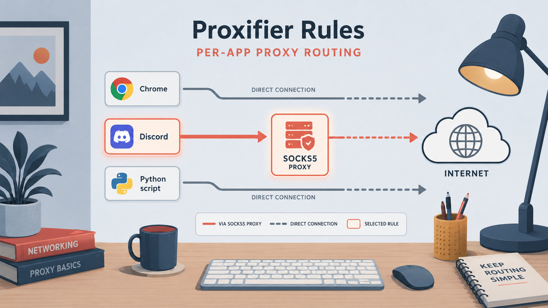 Illustration of Proxifier routing one selected app through a SOCKS5 proxy while other apps stay direct