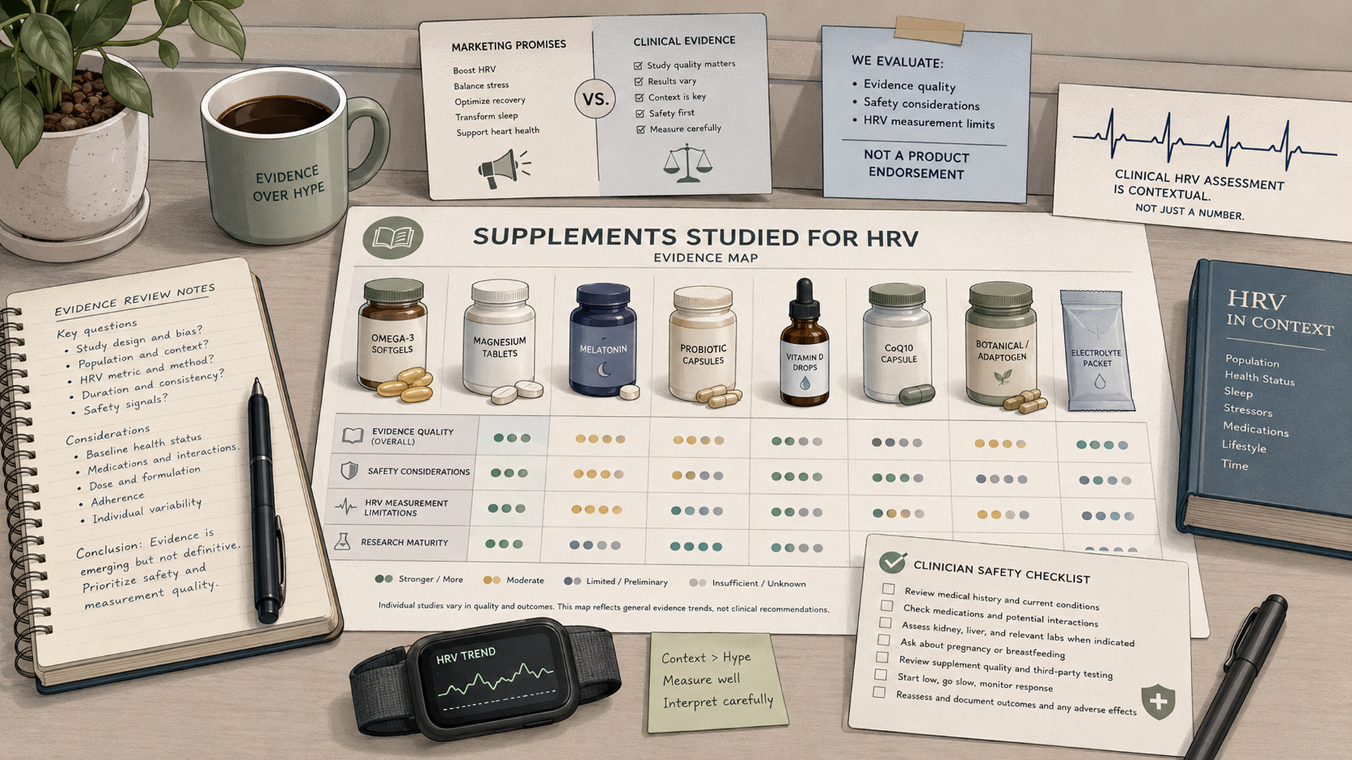 Editorial illustration of supplements studied for HRV with a clinical evidence map, wearable trend line, and safety checklist