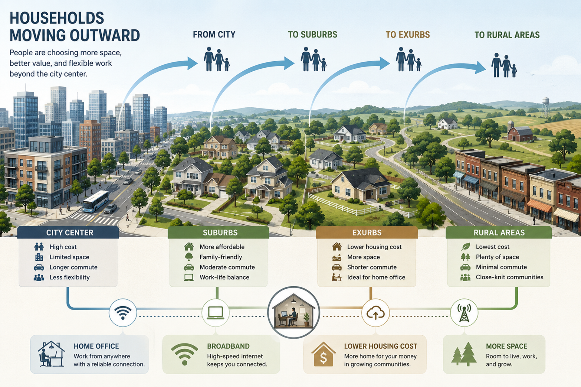 Illustration showing households moving from an urban core toward suburban, exurban, and rural homes with broadband and home office space.
