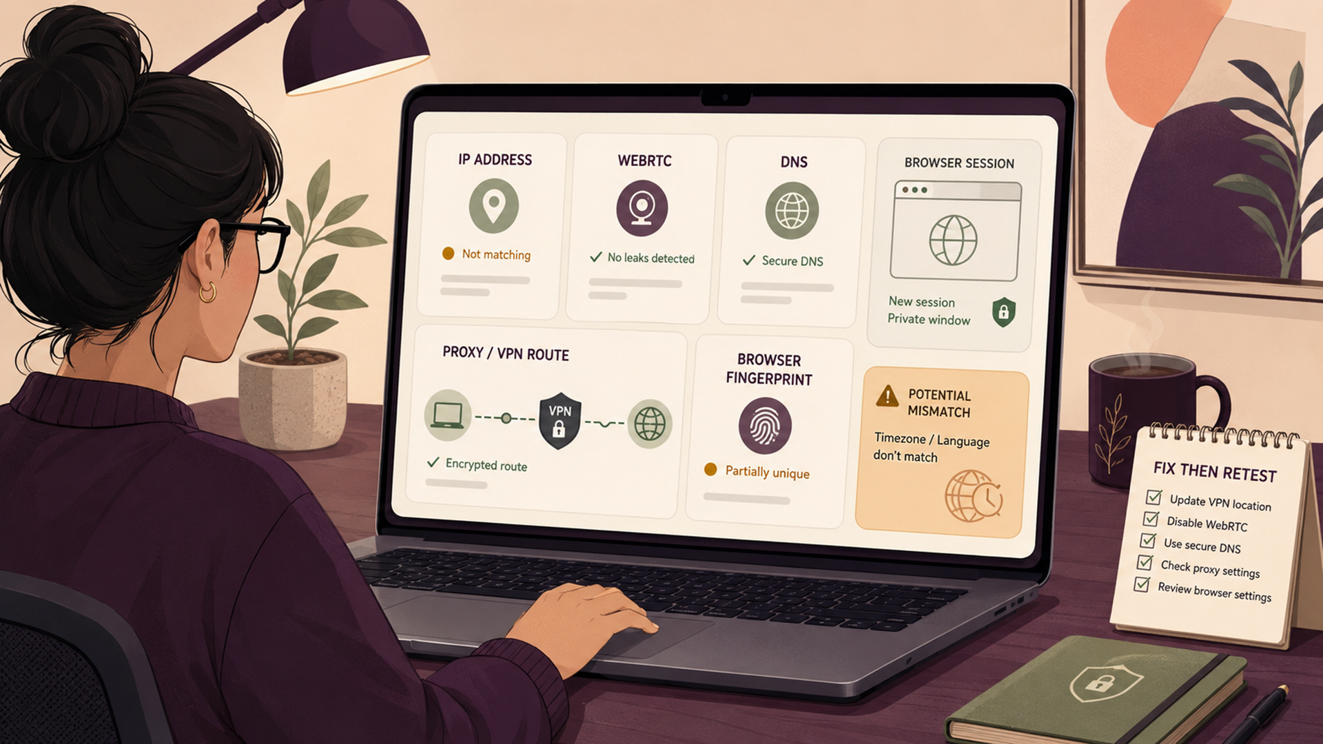 Illustration of NetPeek running a browser leak test for IP WebRTC DNS proxy VPN and fingerprint mismatches