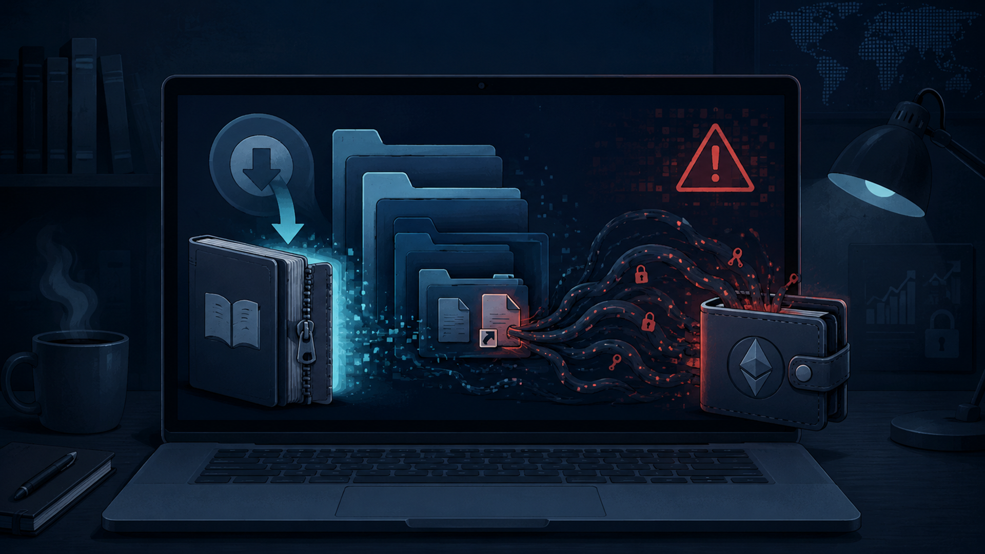 Editorial illustration of a suspicious eBook torrent archive opening into hidden malware files on a laptop