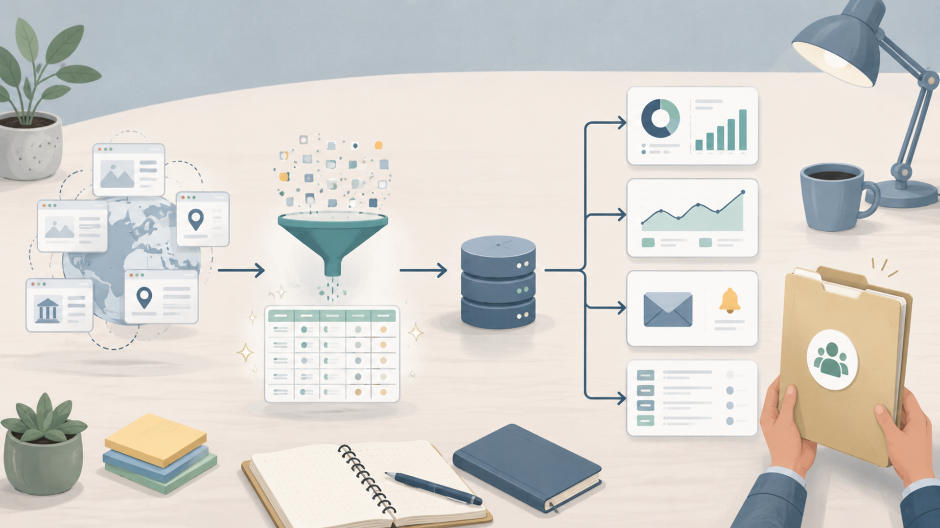 Illustration of scraped web data being stored, cleaned, packaged, and sold as reports dashboards and alerts