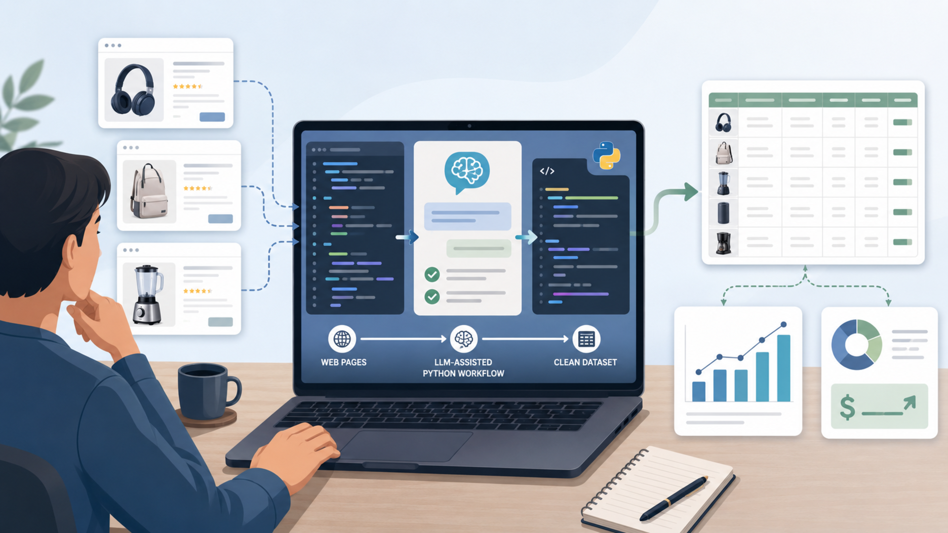 Illustration of an AI-assisted web scraping workflow turning public web data into sellable reports and datasets