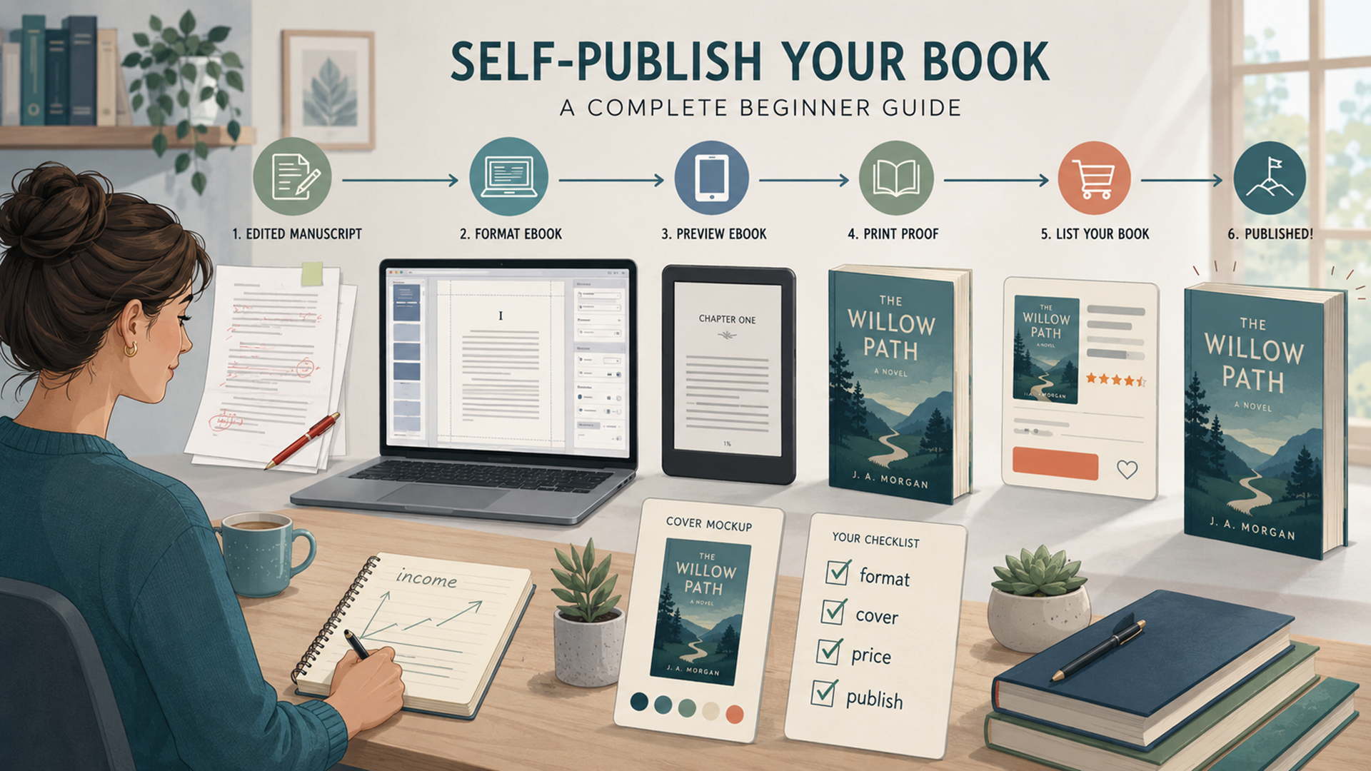 Editorial illustration of a first-time author preparing a manuscript, formatting with Kindle Create, and publishing through Amazon KDP