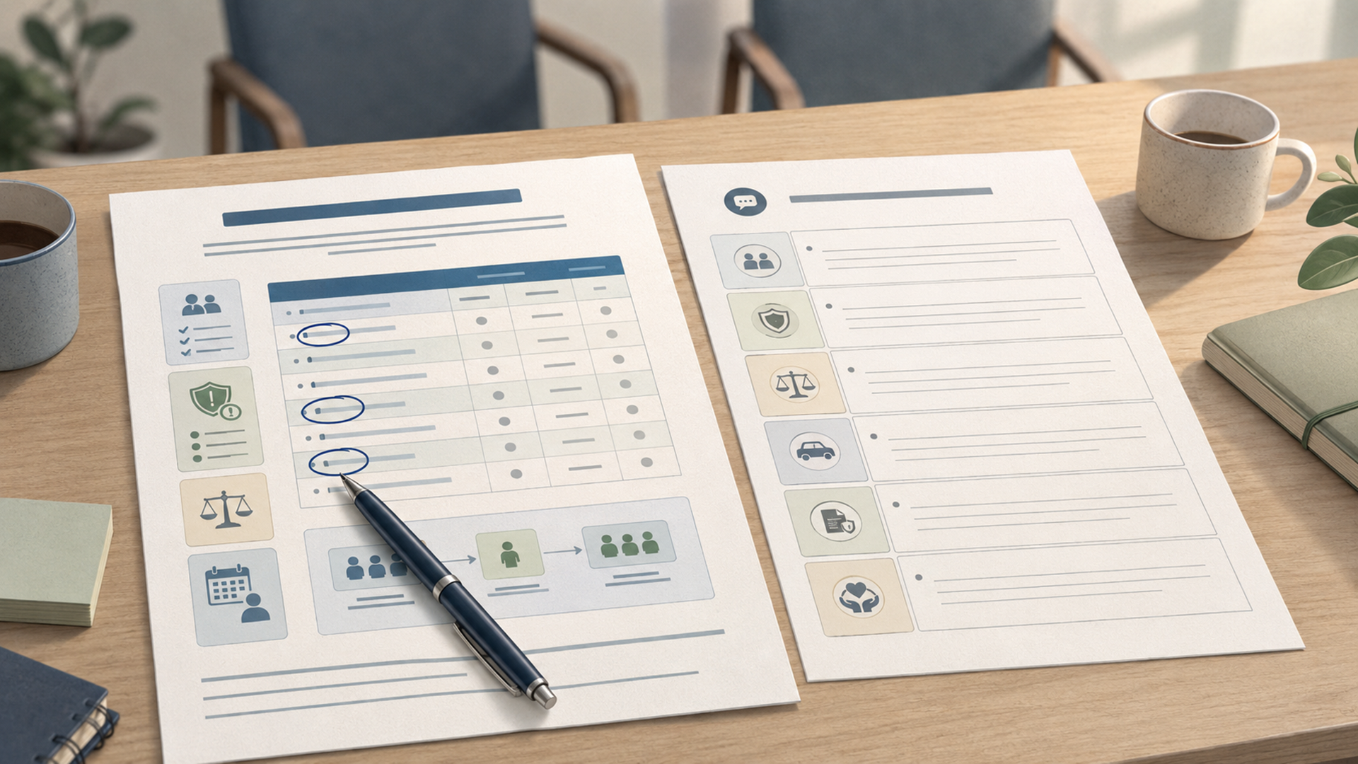 Printed clinical trial record and clinician-question worksheet with notes about eligibility, risks, control arms, travel, insurance, and follow-up care.