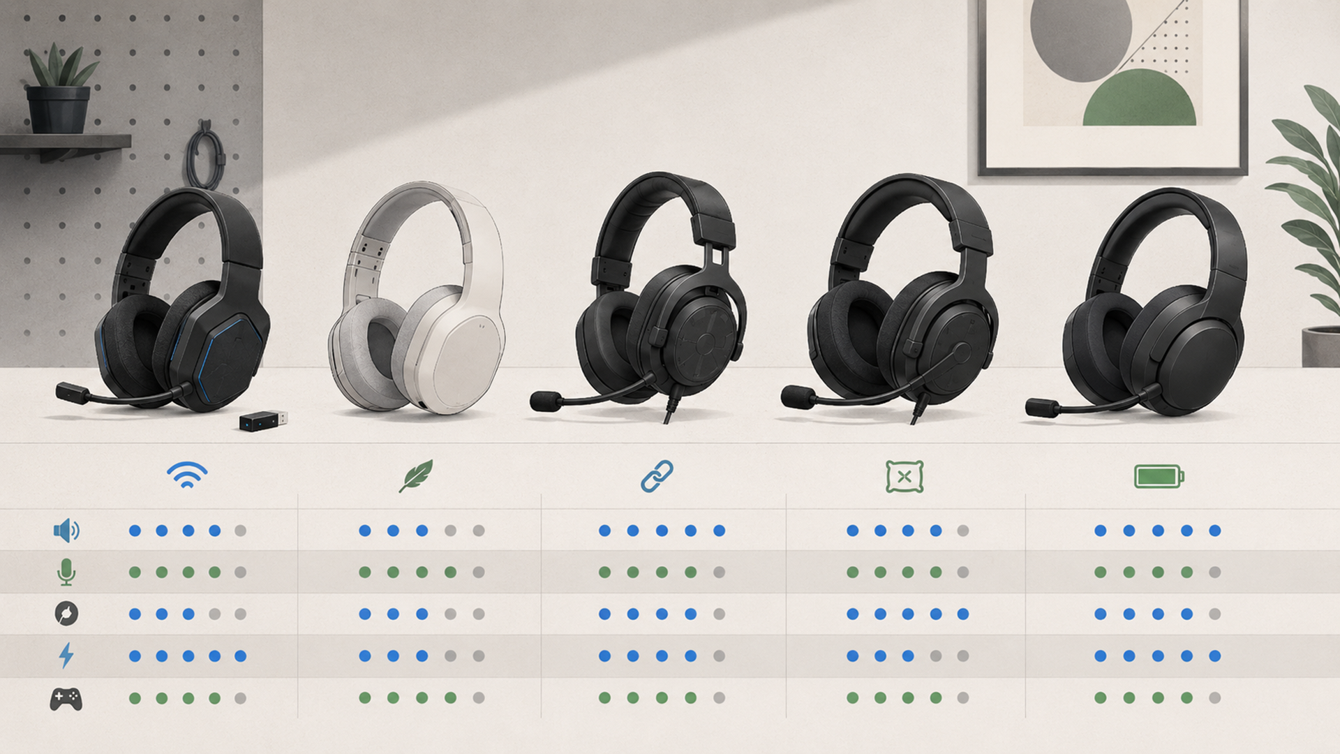Editorial illustration comparing five budget gaming headsets under one hundred dollars across sound, mic, comfort, latency, and console compatibility