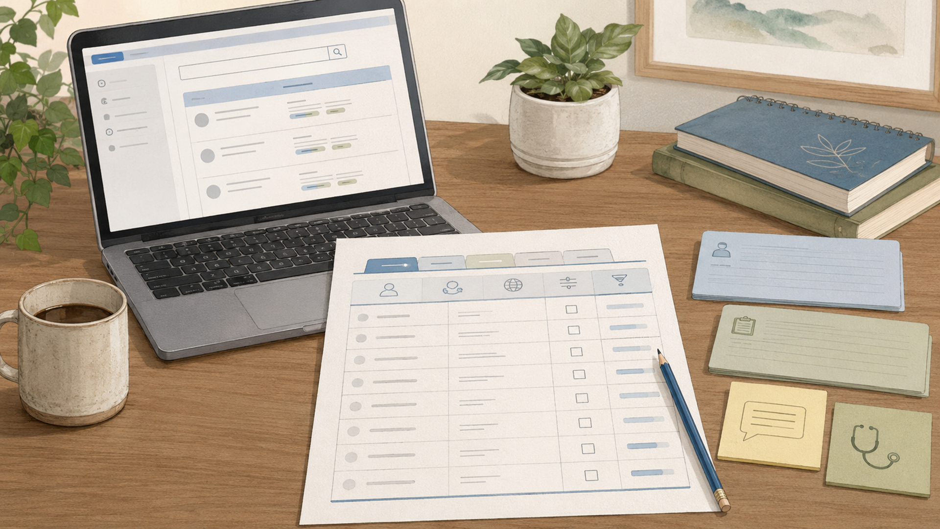 ClinicalTrials.gov Finder Workflow worksheet beside a laptop with neutral study-record cards, filters, and clinician-question notes.