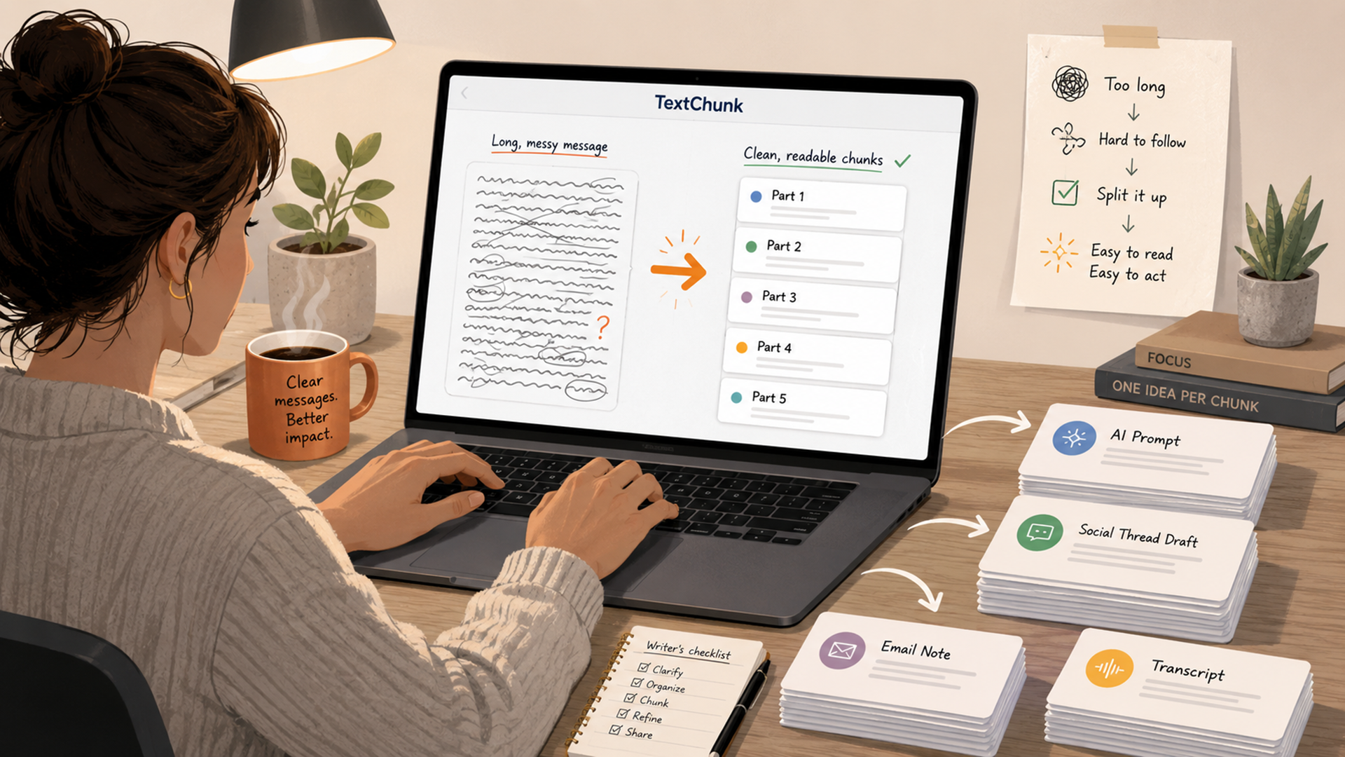 Illustration of a long message being split into clean smaller chunks for prompts, threads, emails, and documents