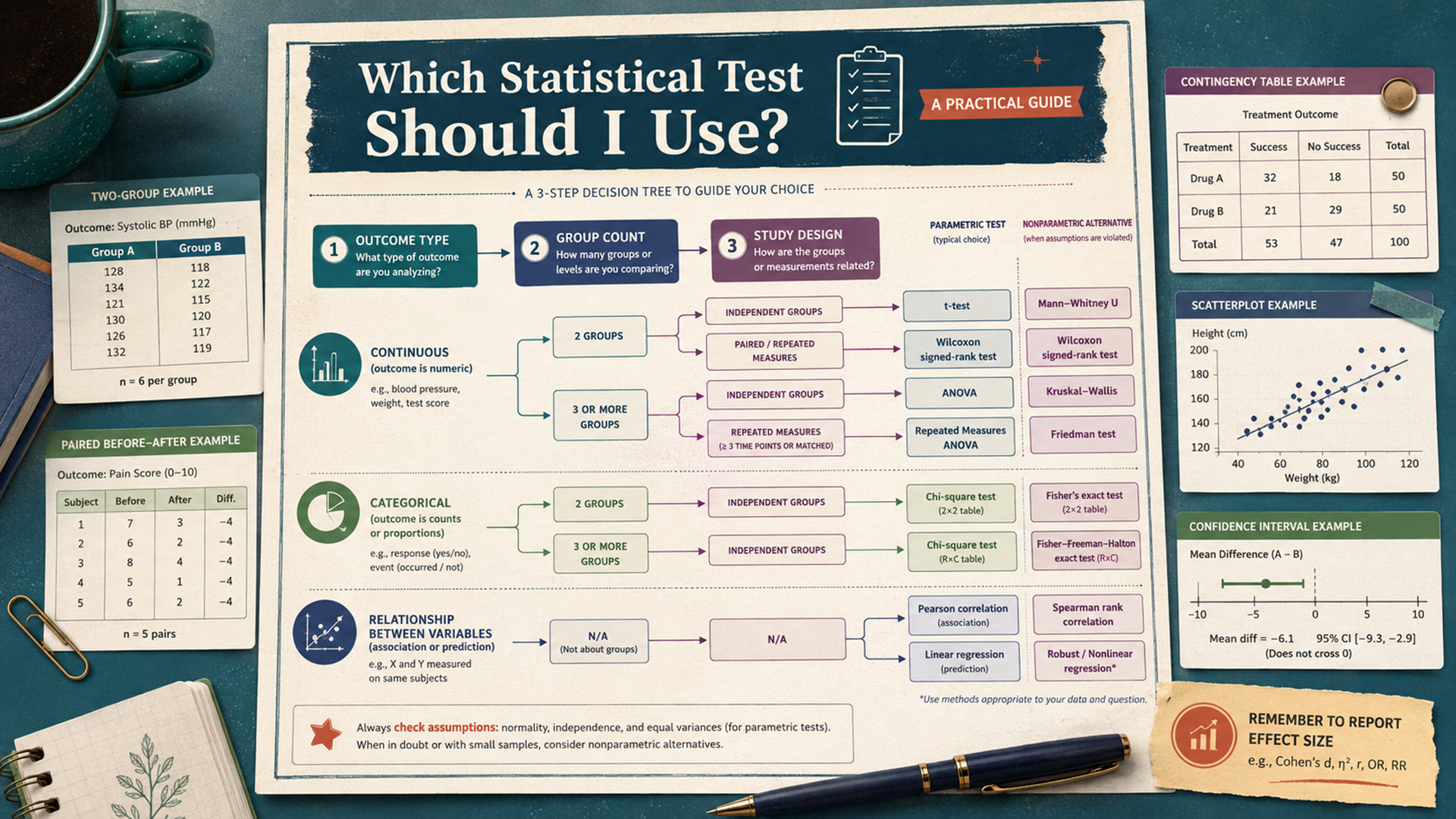 Statistical test decision tree branching from outcome type and study design to t-tests, ANOVA, chi-square, correlation, regression, and nonparametric alternatives