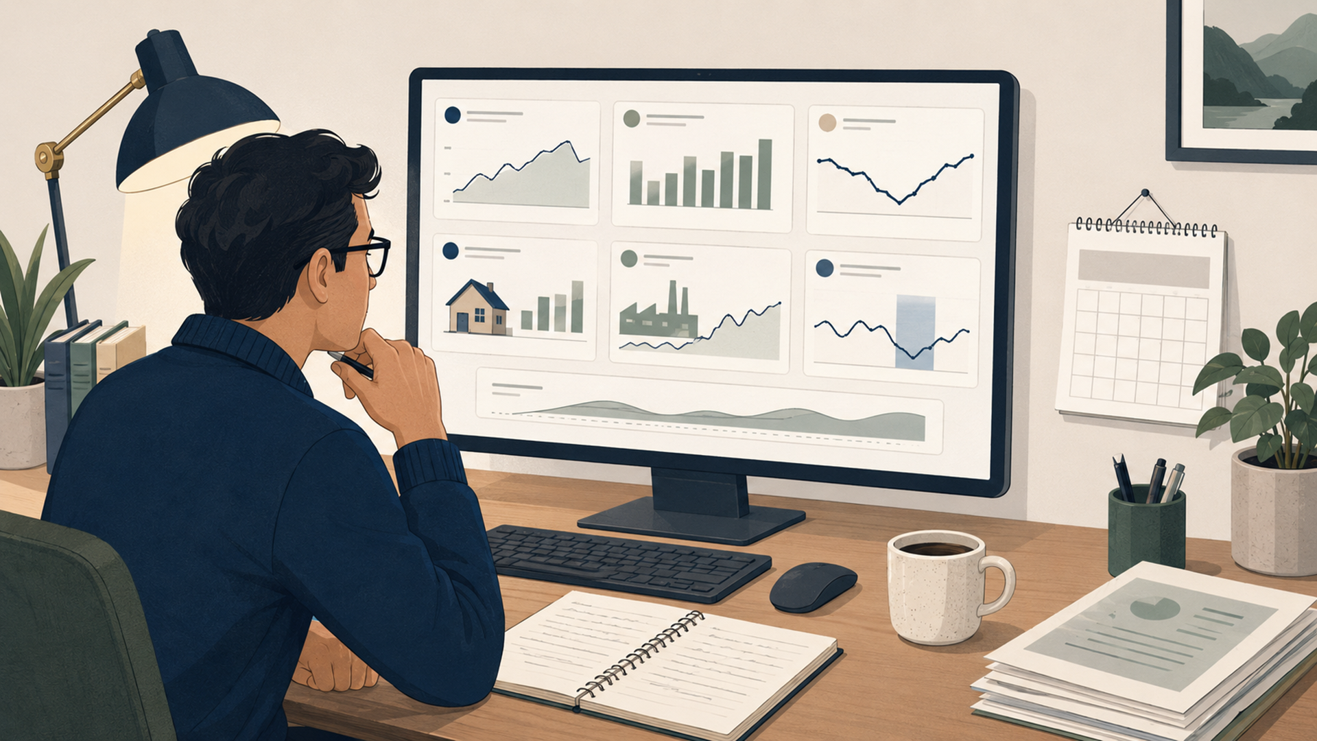 Editorial illustration of a calm desk setup with a FRED macro dashboard, official economic data cards, and a person reviewing monthly indicators without panic