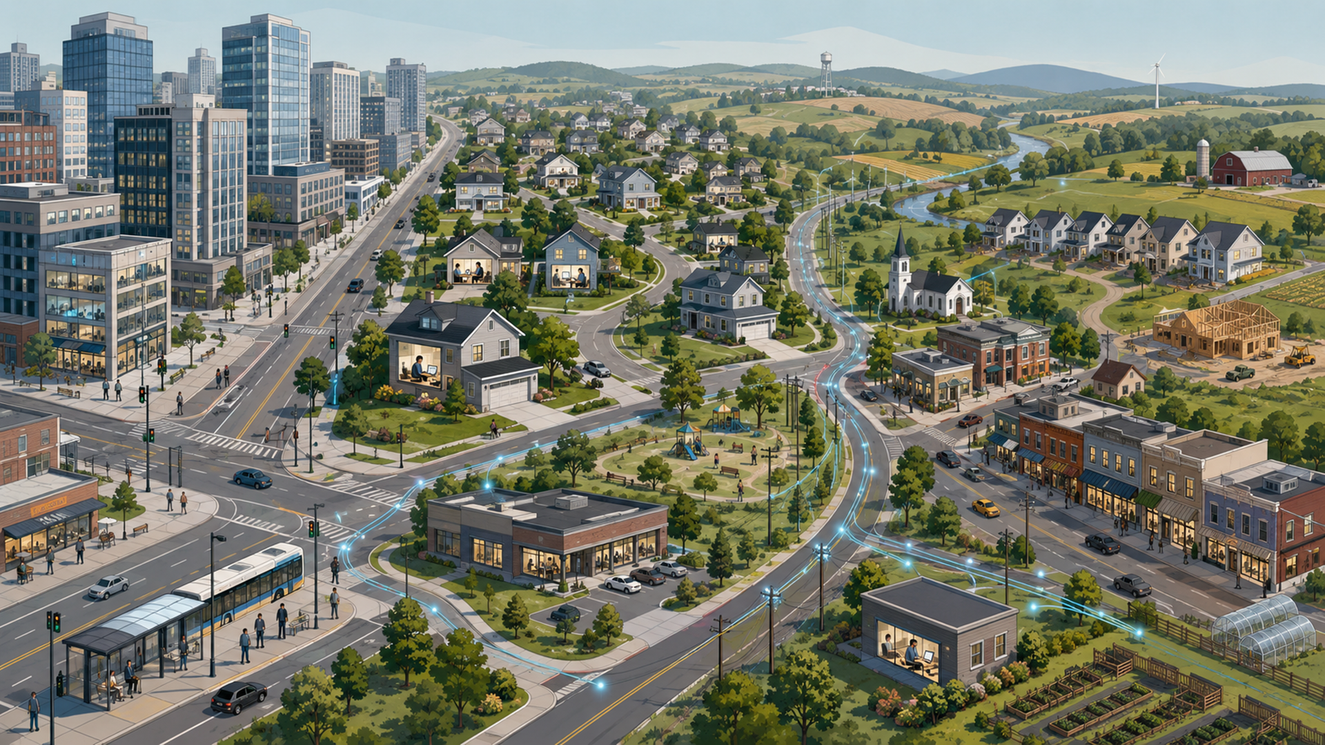 Illustration of remote work reshaping cities, suburbs, and rural towns through housing, laptops, roads, and downtown office buildings.